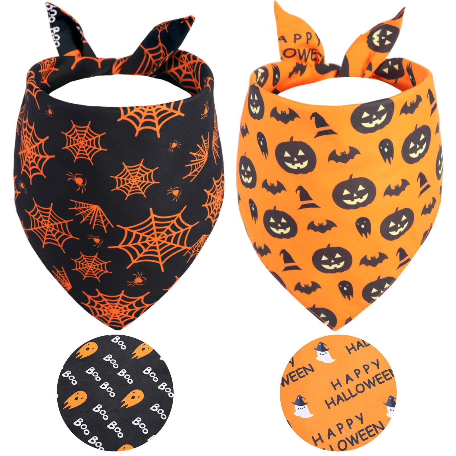 Gofshy Halloween Dog Bandanas Small 2Pcs, Reversible Triangle Dog Scarfs With Pumpkin, Spide, Bat, Ghost, Fall Puppy Bandanas Bi