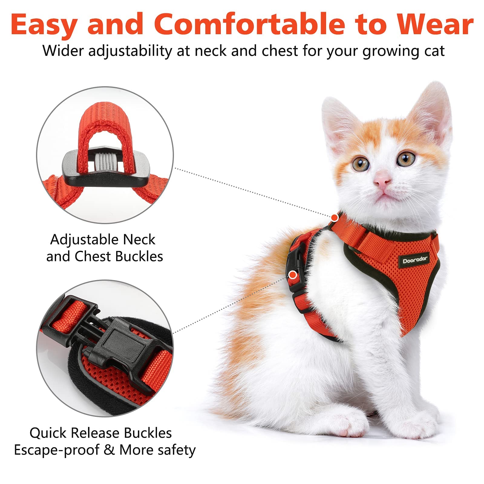 Dooradar Cat Harness And Leash Set, Escape Proof Safe Adjustable Kitten Vest Harnesses For Walking, Easy Control Soft Breathable Mesh Jacket With Reflective Strips For Cats, Reddish Orange, S