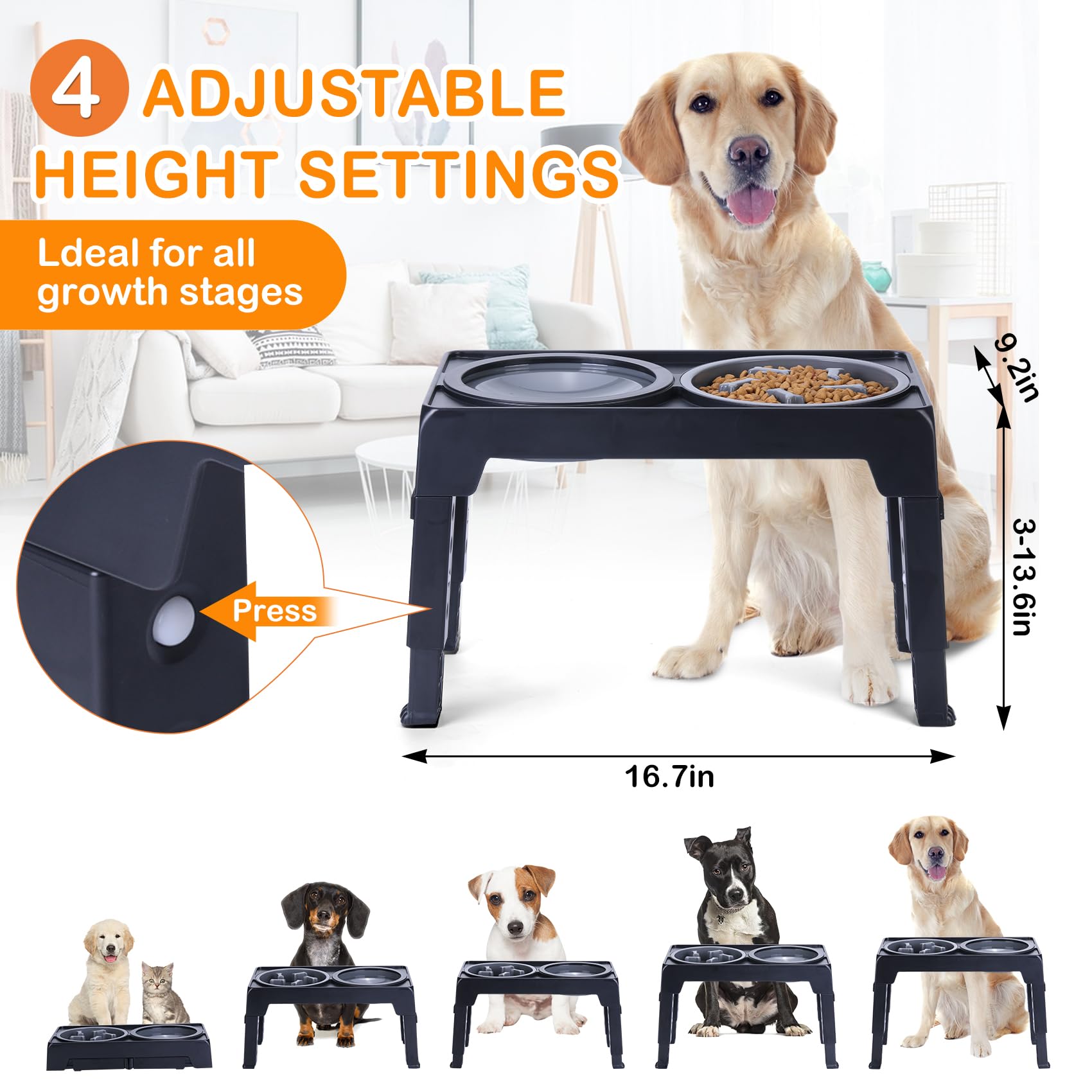 LALOBLUE Elevated Dog Bowls, Raised Slow Feeder Dog Bowls with No Spill Water Bowl, Dog Bowl Stand Adjusts to 5 Heights 2.95'',
