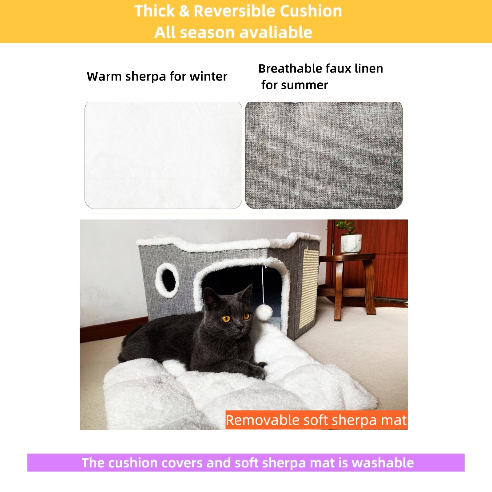 Heerduos Cat Bed For Indoor Cats,Covered Cat Cave House & Furniture With Scratch Pad,Foldable Cat Hideaway Hut Cute Cat Condo Wi