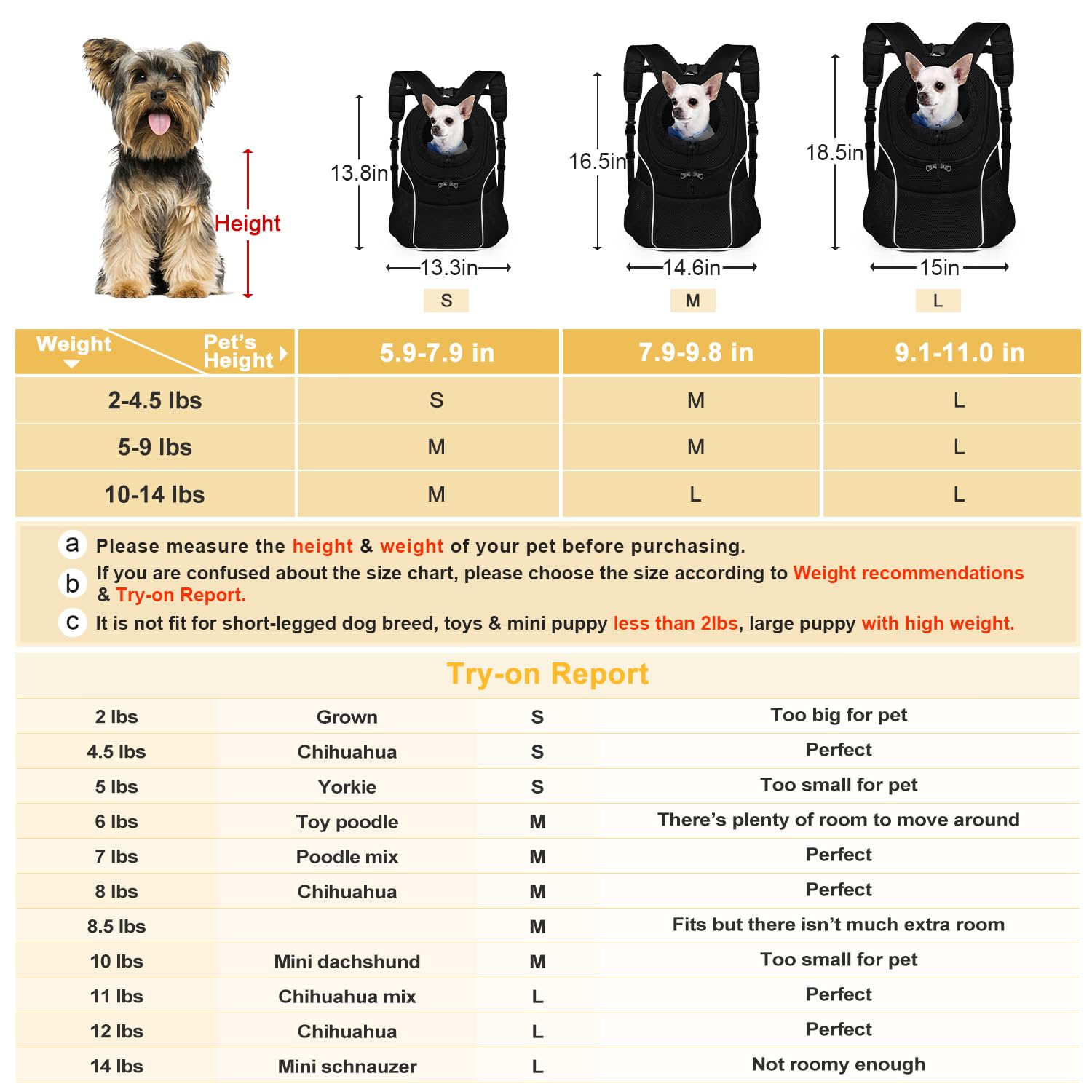 Woyyho Pet Dog Carrier Backpack Puppy Dog Travel Carrier Front Pack Breathable Head-Out Backpack Carrier For Small Dogs Cats Rabbits (L (Up To 14 Lbs), All Black)