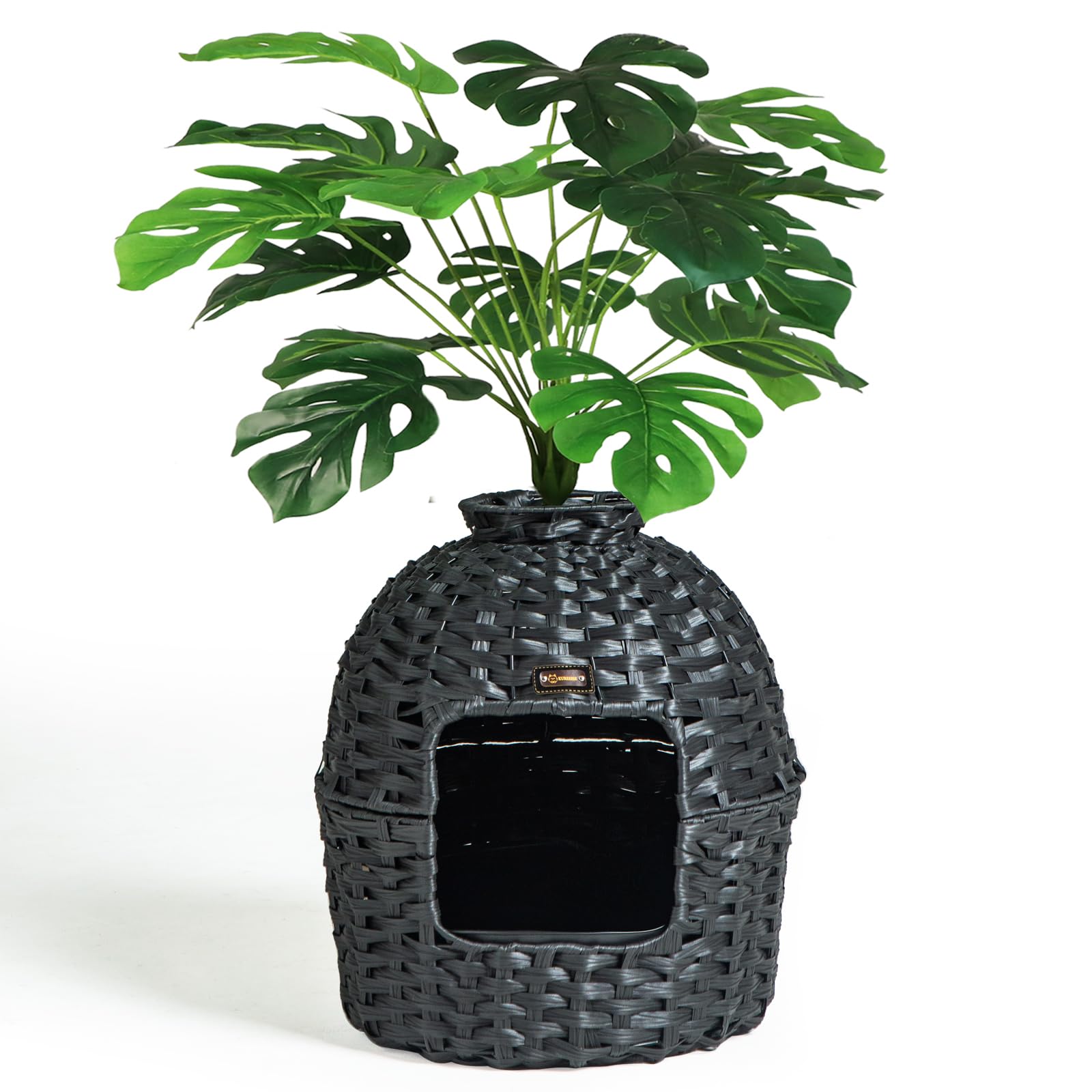 KUREEISE Hidden Litter Box Furniture with Artificial Plants, Handwoven Rattan Cat House with Enclosed Litter Box(Black)