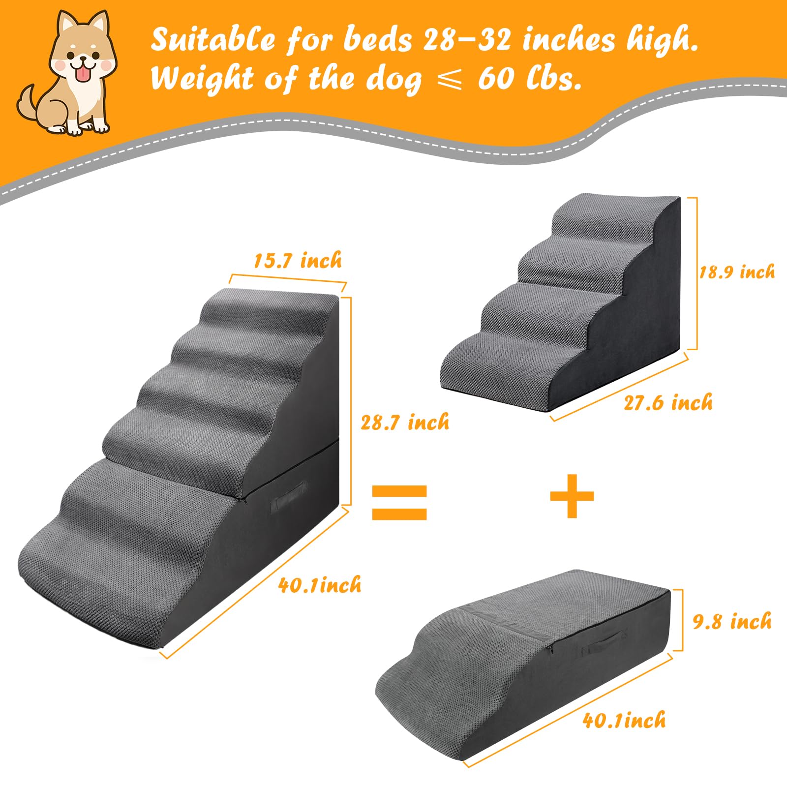 Dog Stairs&Steps For 30 Inches Tall High Bed Up To 30-36 Inch, Pet Dog Ramp Ladder For Small Dogs, Doggie, Old Cats, Kitty, Smal