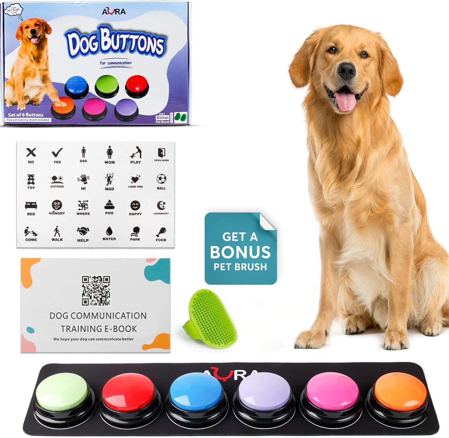 A-Ura Dog Buttons For Communication With Non-Slip Mat, Hd Sound 30S Recordable Dog Talking Button Set With Training Guide Ebook 