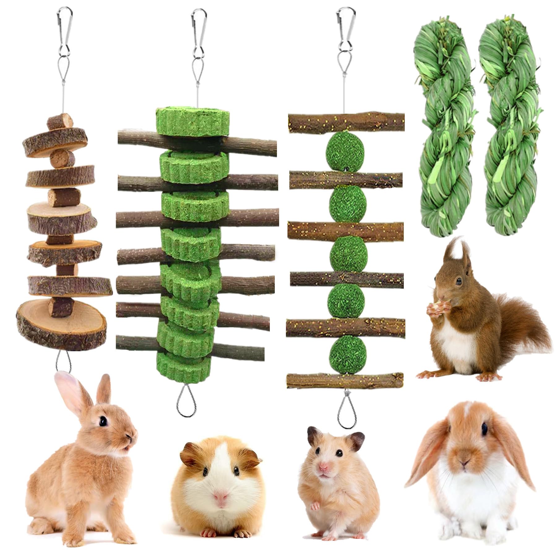 Grembeb 5pcs Rabbit Toys,Bunny Chew Treat for Teeth Grinding,Hanging Timothy Hay Ball +Apple Stick Wood +Alfalfa Grass Cake Food