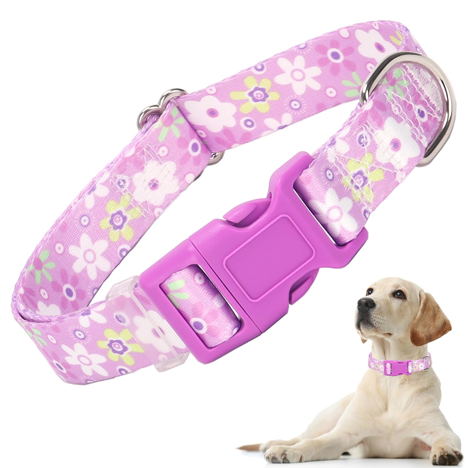 Girl Dog Collar With Purple Floral Patterns, Adjustable Cute Soft Pet Collar With Quick Release Buckle For Small Medium Large Xl