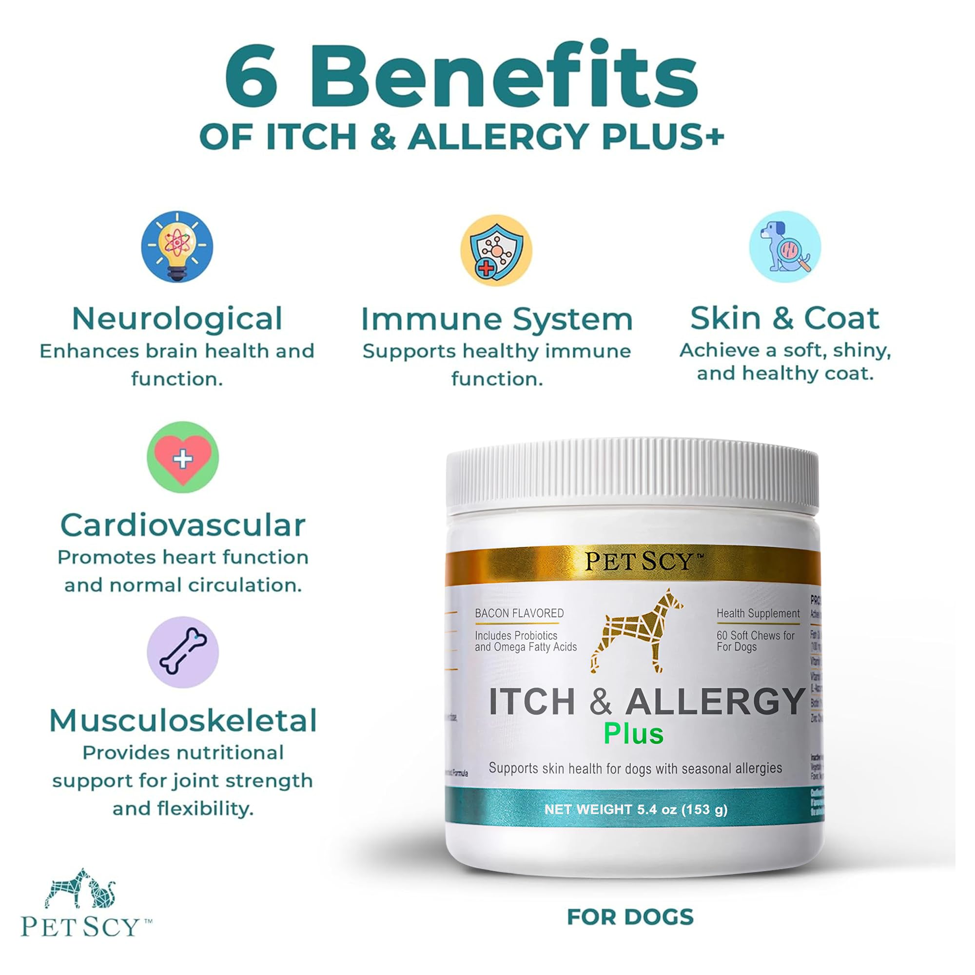PetScy Itch & Allergy Plus Chews for Dogs Itchy Skin, Ears & Paws | Probiotics, Moringa & Turmeric | for Skin Redness, Hair Loss