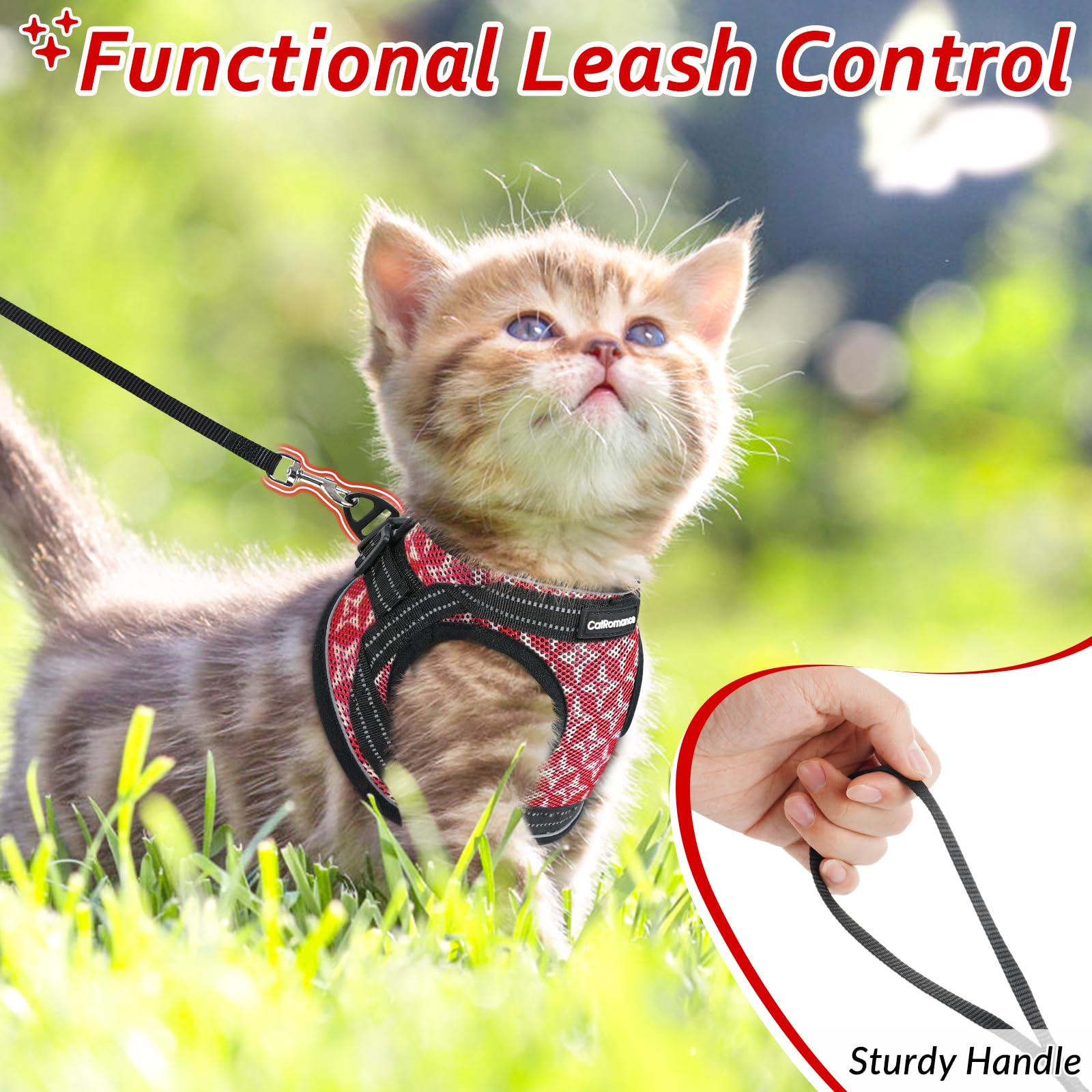 Catromance Cat Harness And Leash Set Escape Proof For Walking, Safe Adjustable Small Large Kitten Vest With Reflective Strip For Kitty, Easy Control Comfortable Soft Outdoor Harnesses, Red, Medium