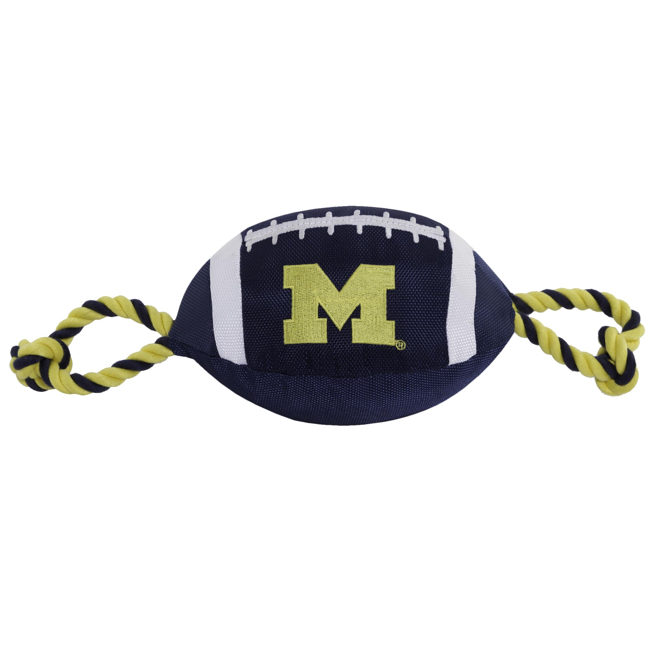 Pets First NCAA Michigan Wolverines Football Dog Toy, Tough Quality Nylon Materials, Strong Pull Ropes, Inner Squeaker, Collegia