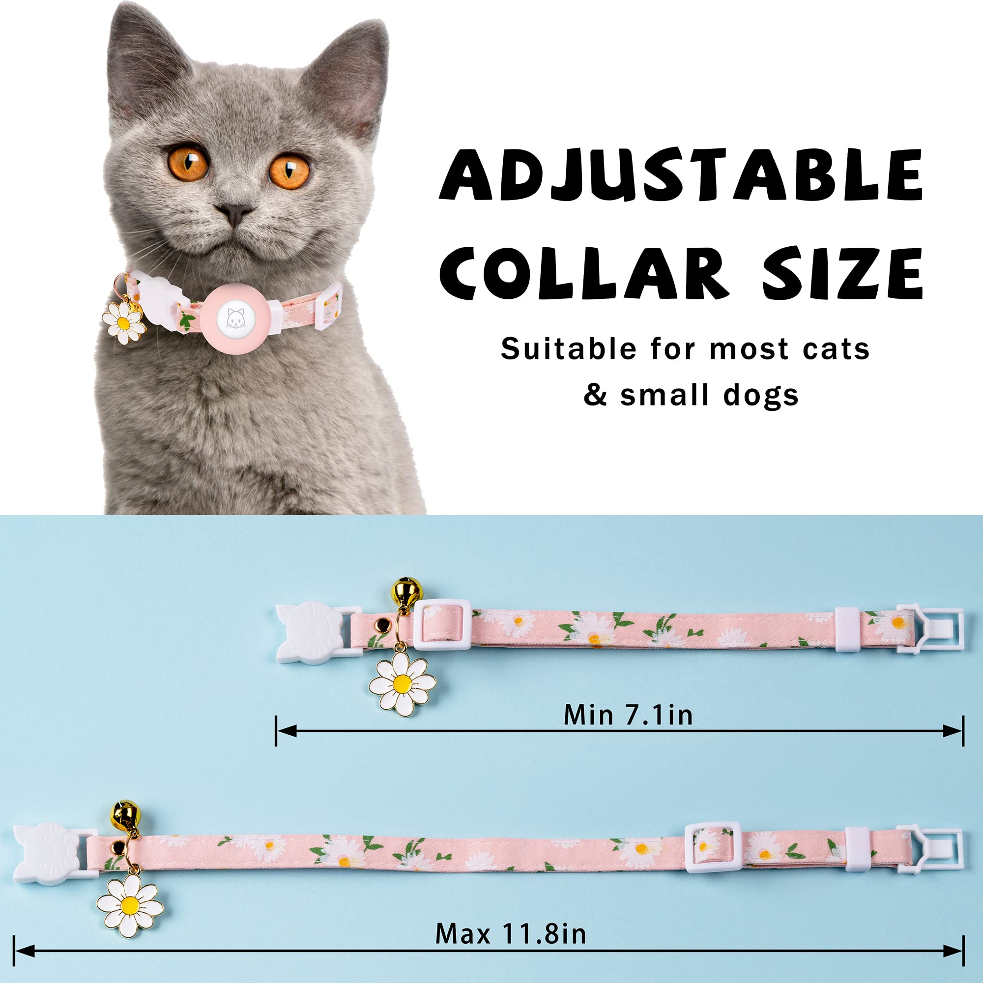 Airtag Cat Collar, Jxfukal Kitten Collar Breakaway With Silicone Airtag Holder, Bells & Flower Charm For Girl Cats Boy Cats Small Dogs(Pink)