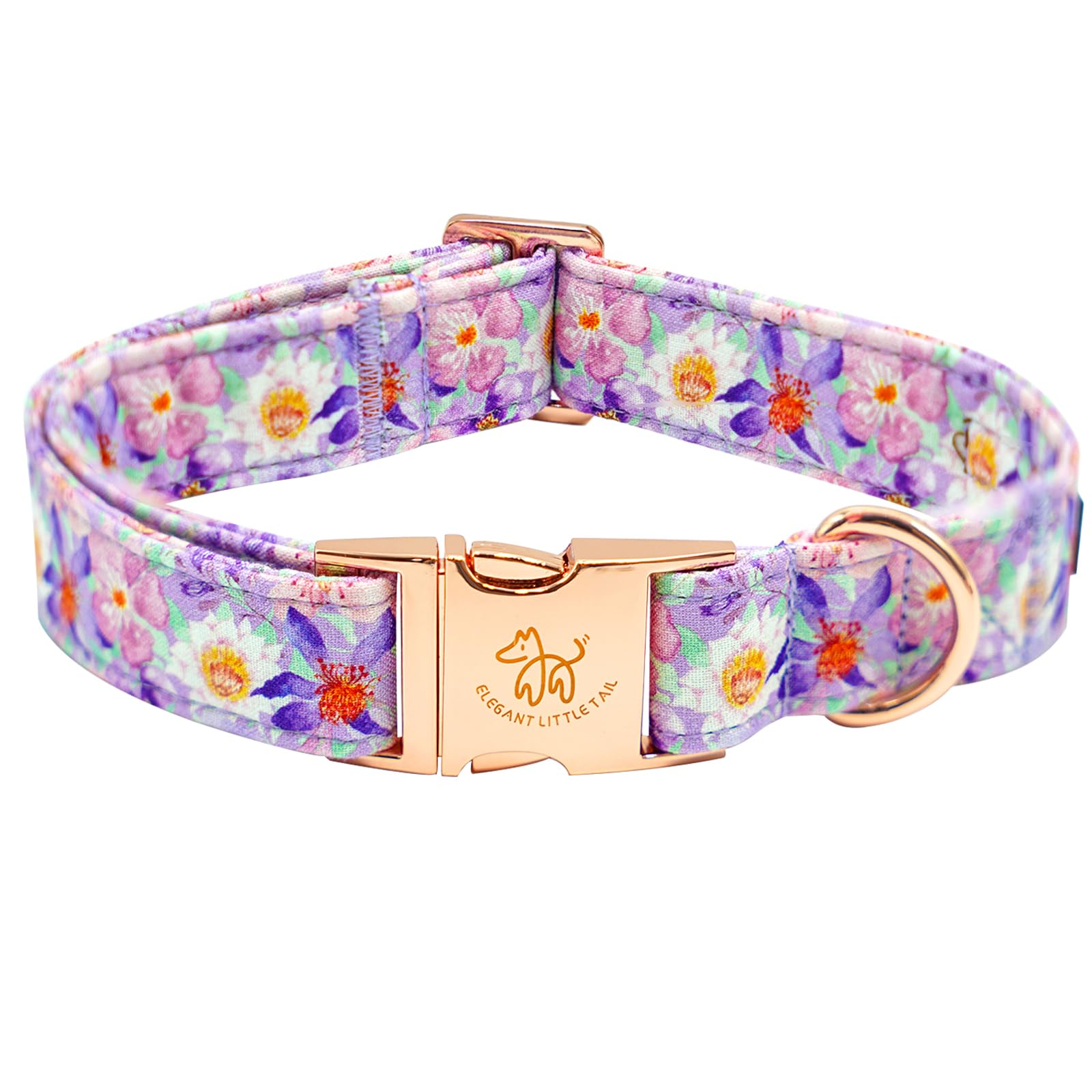 Elegant Little Tail Purple Floral Print Summer Dog Collar - Cotton, Durable, Metal Buckle - X-Large