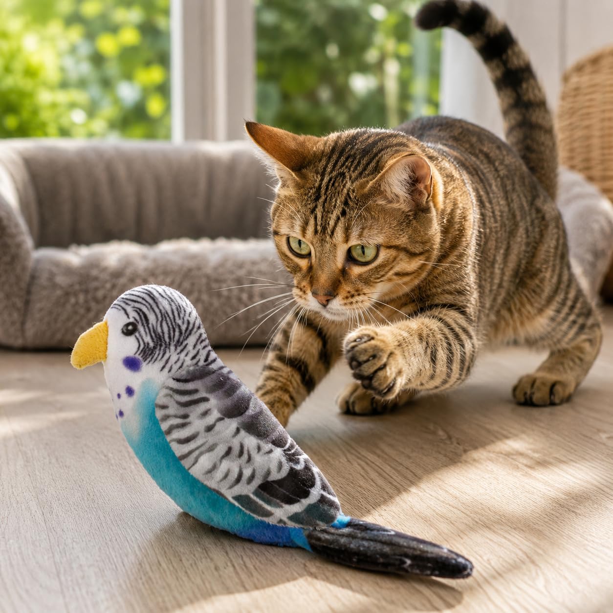 Rvpaws Catnip Plush Bird Cat Toy, Budgerigar Design, Interactive Play Toy For Cats Bird Toy Inside Catnip (Blue Budgie)