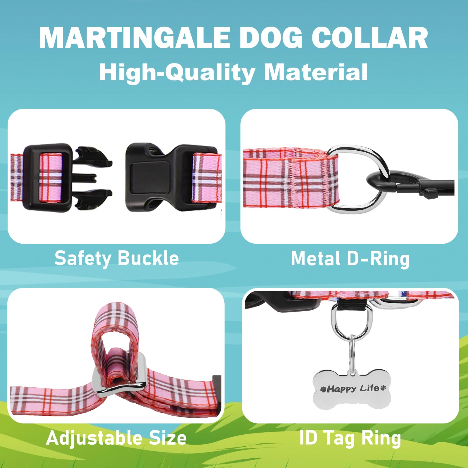 Fidohug Martingale Collar With Quick Release Buckle Cute Girl Female Training Dog Collars (Pink Plaid, Large)