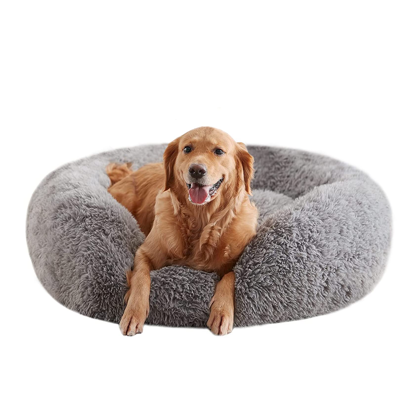 Urgvanz Pet Calming Donut Dog Bed For Large Dogs Up To 80Lbs, Round Fluffy Plush Pet Bed, 34Inch