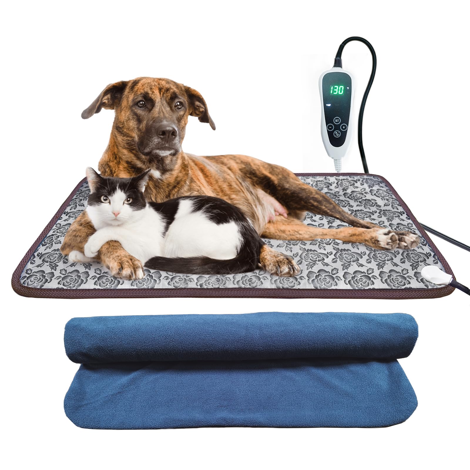 Golopet Large Dog Heating Pad For Dogs 34X21Inches Waterproof Pet Heating Pad Smart Thermostat Switch, Heated Dog Bed Chew Resistant Steel Cord Dog Warming Pad Mat Complimentary A Fleece Fabric Coverr