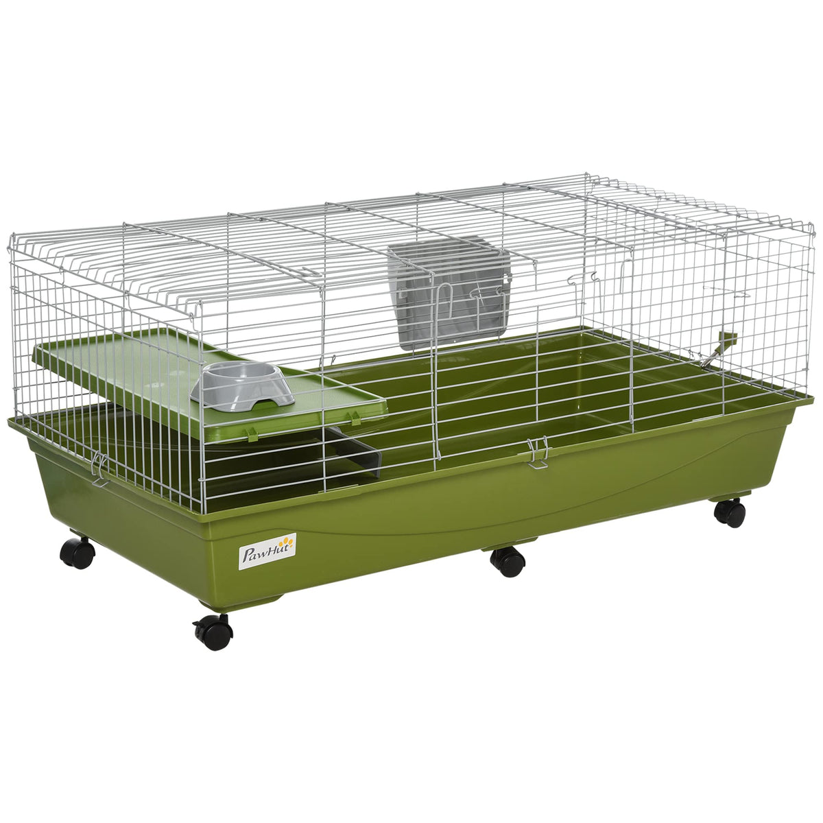 Pawhut 47' L Small Animal Cage, Rolling Bunny Cage, Guinea Pig Cage With Food Dish, Water Bottle, Hay Feeder, Platform, Ramp For Ferret Chinchilla, Green