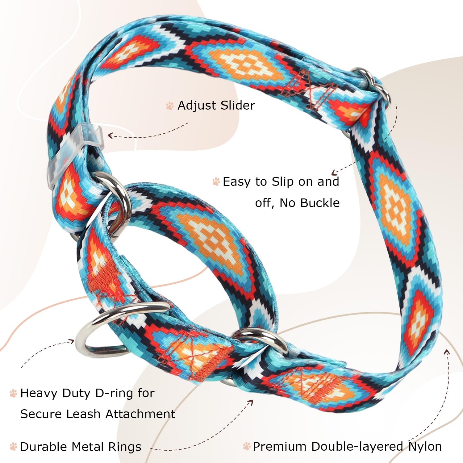 Martingale Collar For Dogs Adjustable Heavy Duty Training Collars With Blue African Tribal Mexican Native Boho Pattern, No Slip