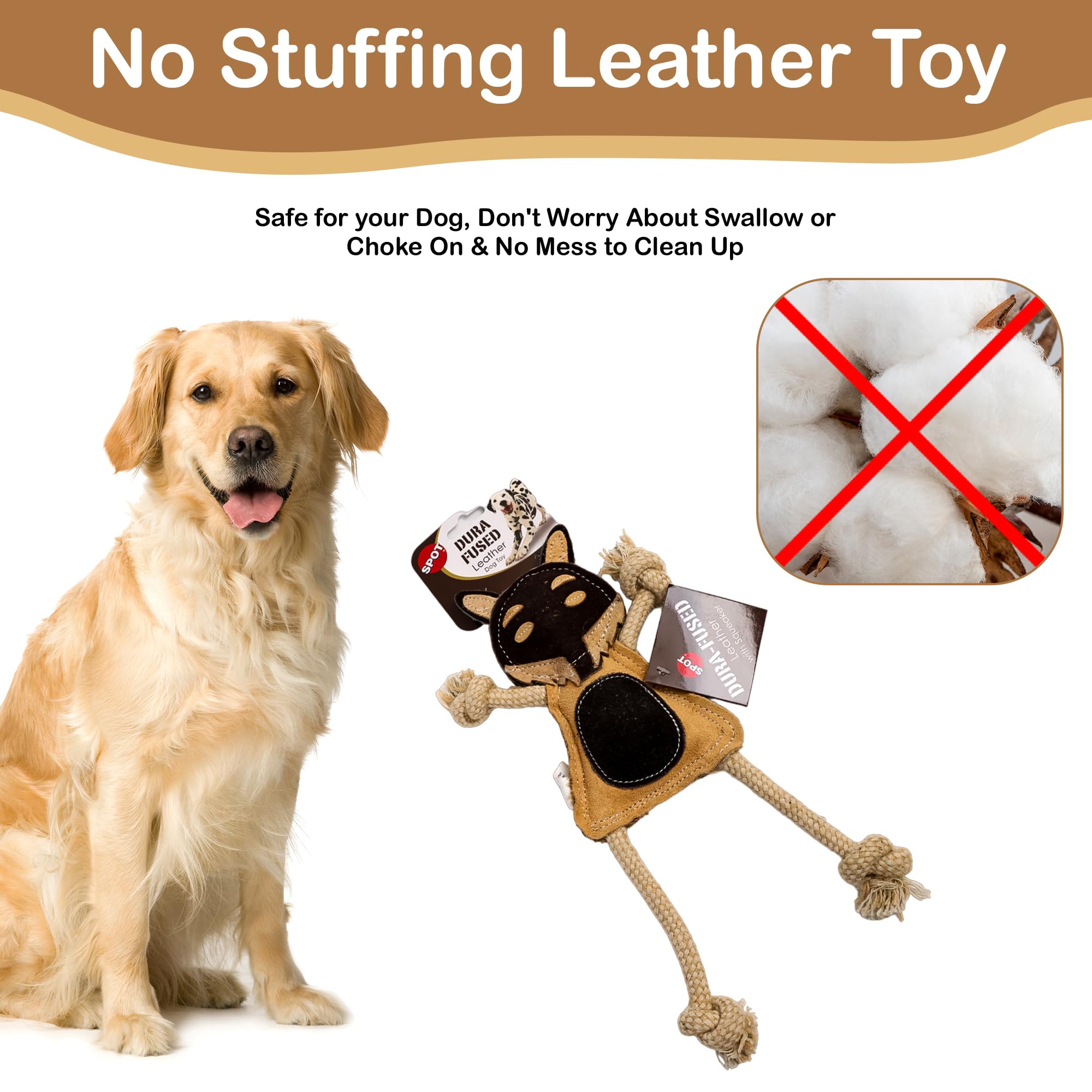 SPOT Dura-Fused Leather Dog Toy - Squeaker & Rope Limbs, 14in, Multicolor, Model 54120, Durable Chew Toy for Light to Moderate Chewers