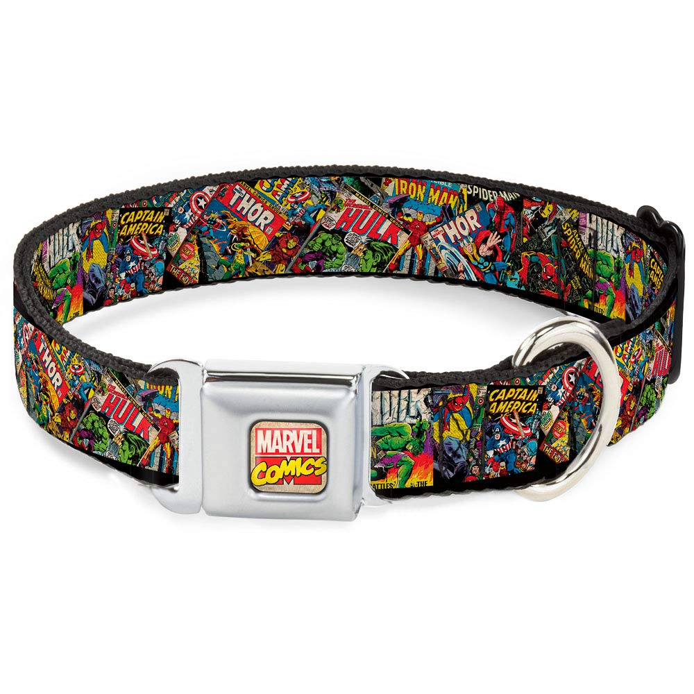 Buckle-Down Seatbelt Buckle Dog Collar - Retro Marvel Comic Books Stacked Close-Up - 1'' Wide - Fits 11-17'' Neck - Medium, Mult