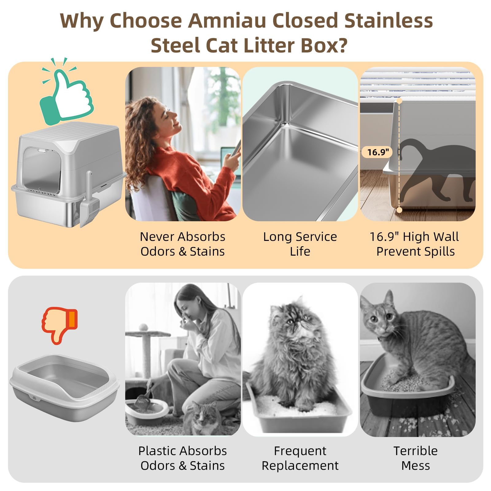 Amniau Stainless Steel Cat Litter Box with Lid, Extra Large Litter Box, Great for Large & Small Cat, Easy to Clean, Anti-Leakage