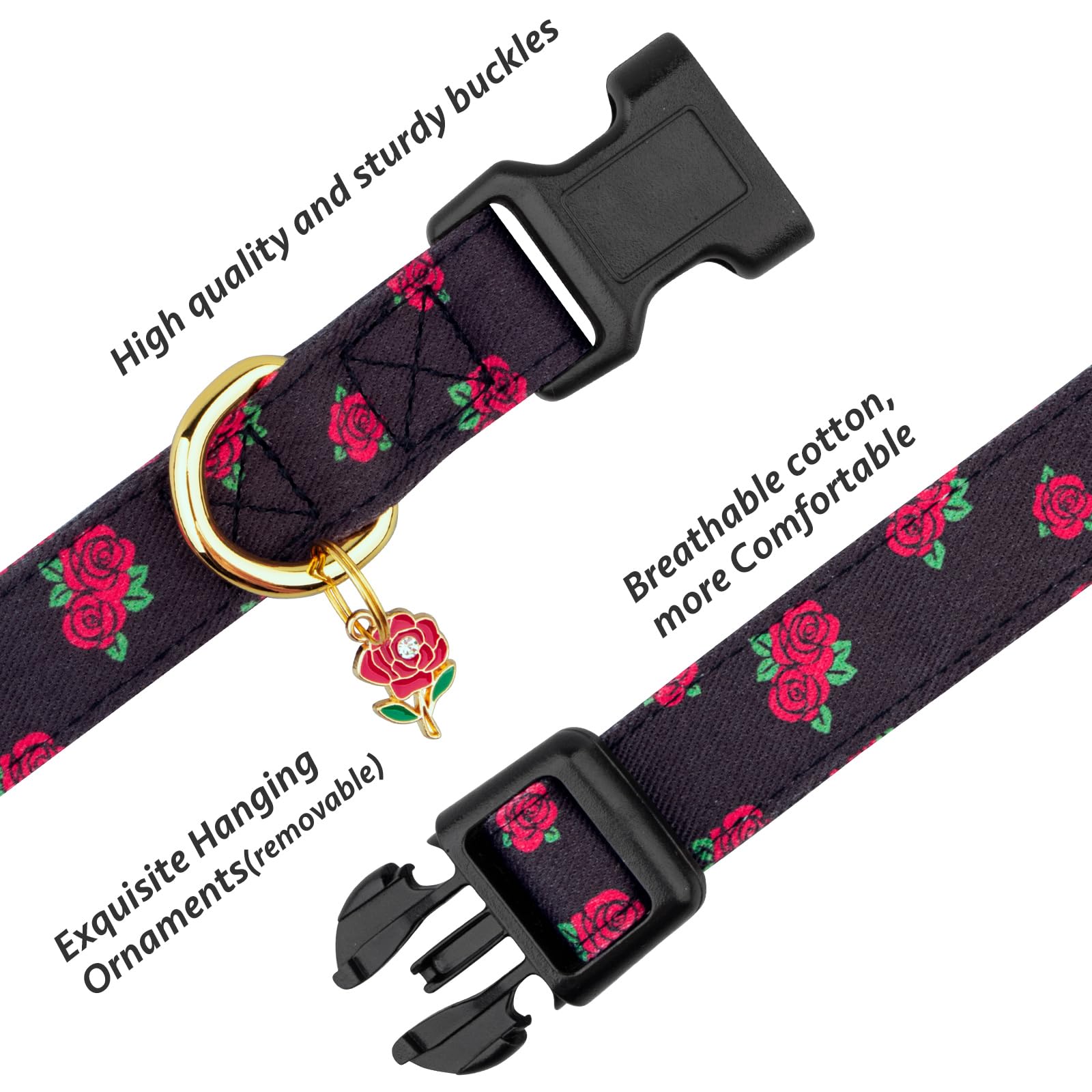 Cotton Handmade Dog Collar Cute And Distinctive Patterns Black Rose With Pendant For Girl Boy Dogs Collars M