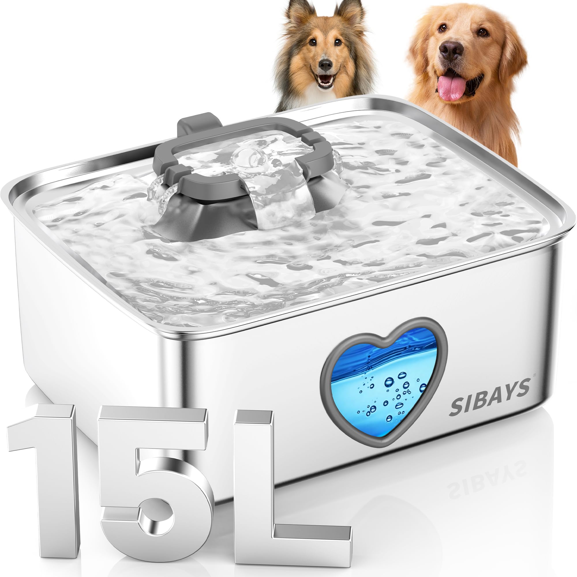SIBAYS 15L Large Dog Water Fountain, 4 Gal Stainless Steel Pet Water Fountain for Dogs Inside, Ultra Quiet Automatic Dog Water B