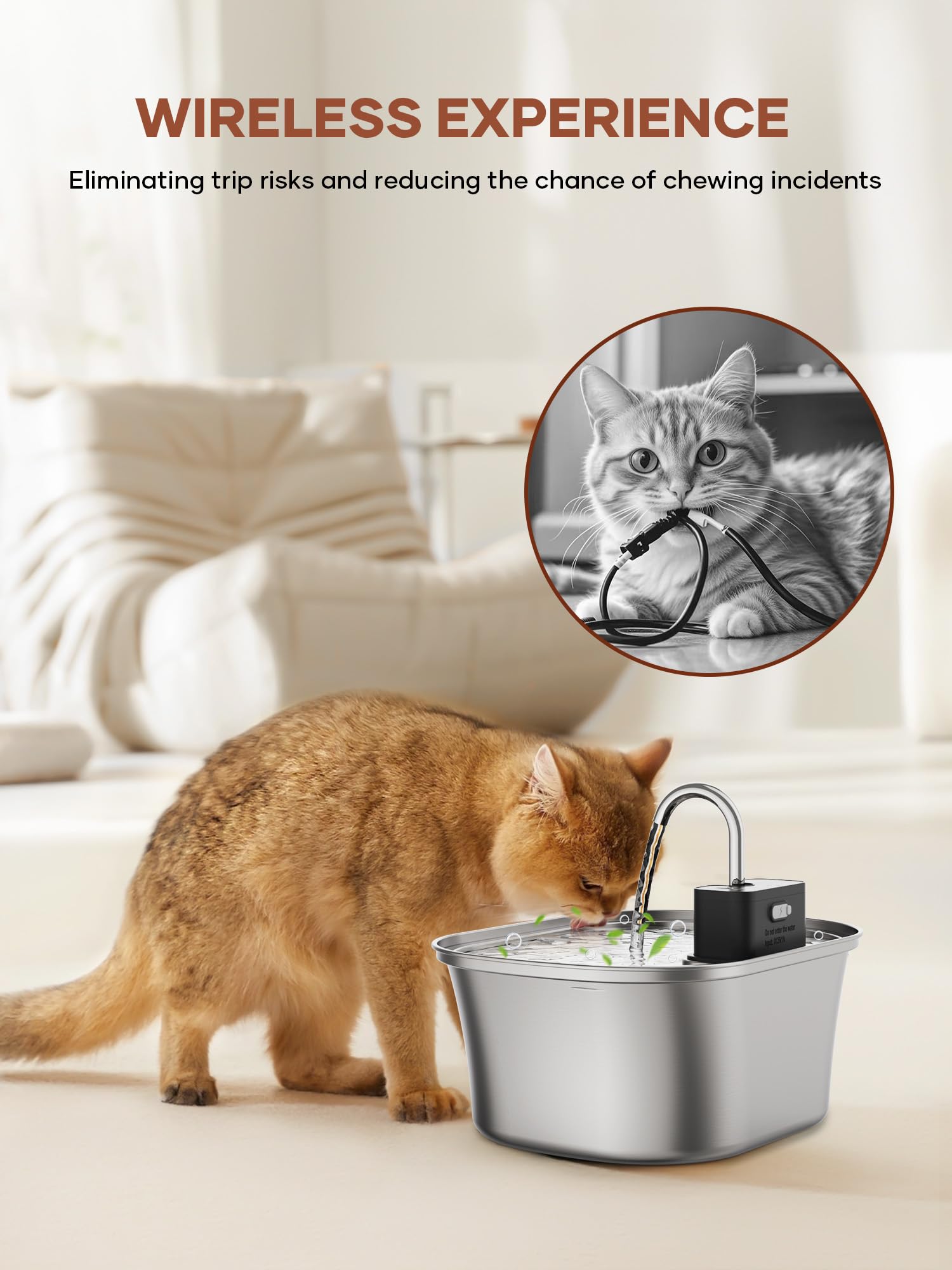 Fwmb Cat Water Fountain Wireless - Battery Operated Stainless Steel Cat Fountain, Automatic Cordless Pet Water Fountain Indoor,