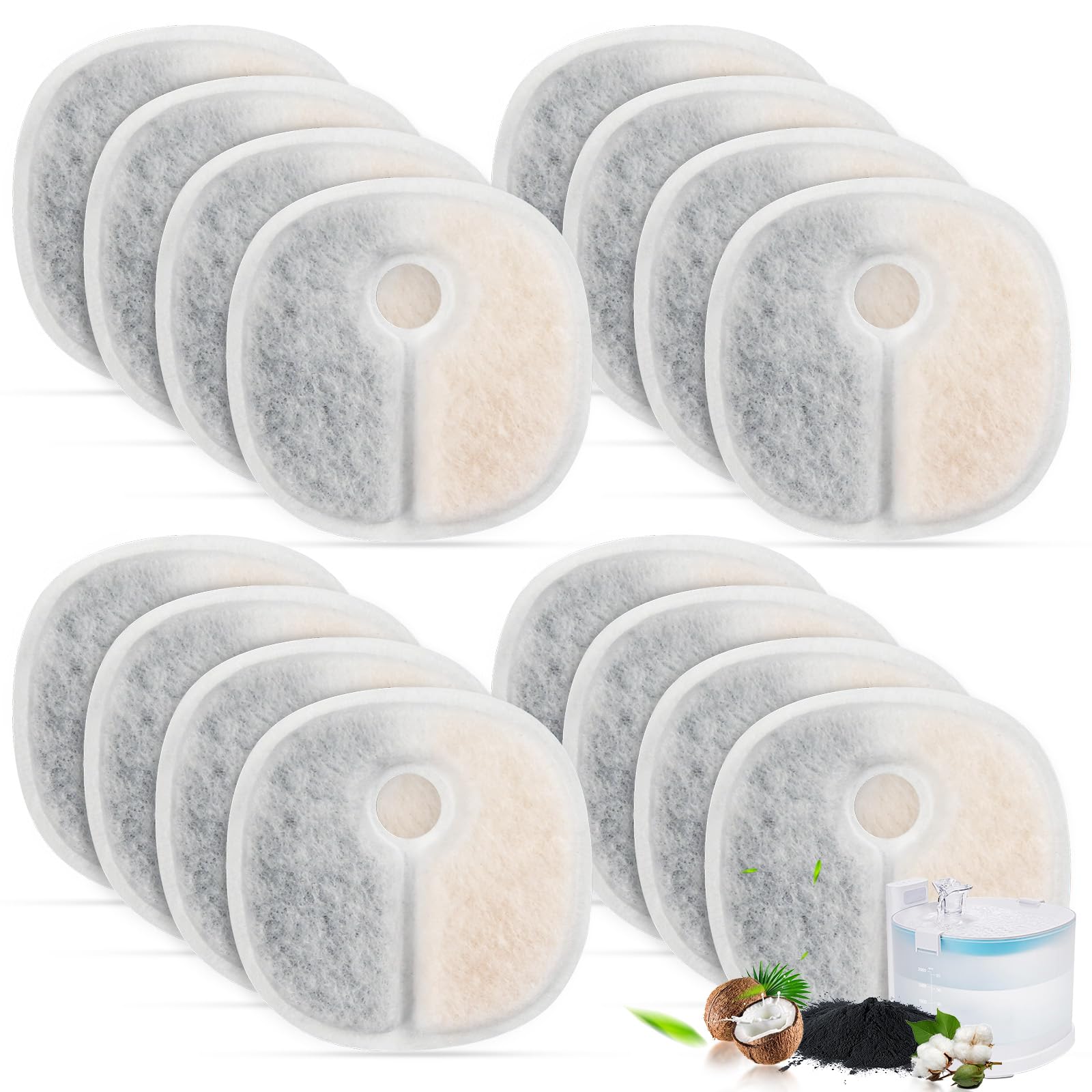 Filter Replacements Compatible with E1/E1+ Cat Fountain (2L/67oz), 16 Pack refills of 1 Year Set for Pet Water Fountain