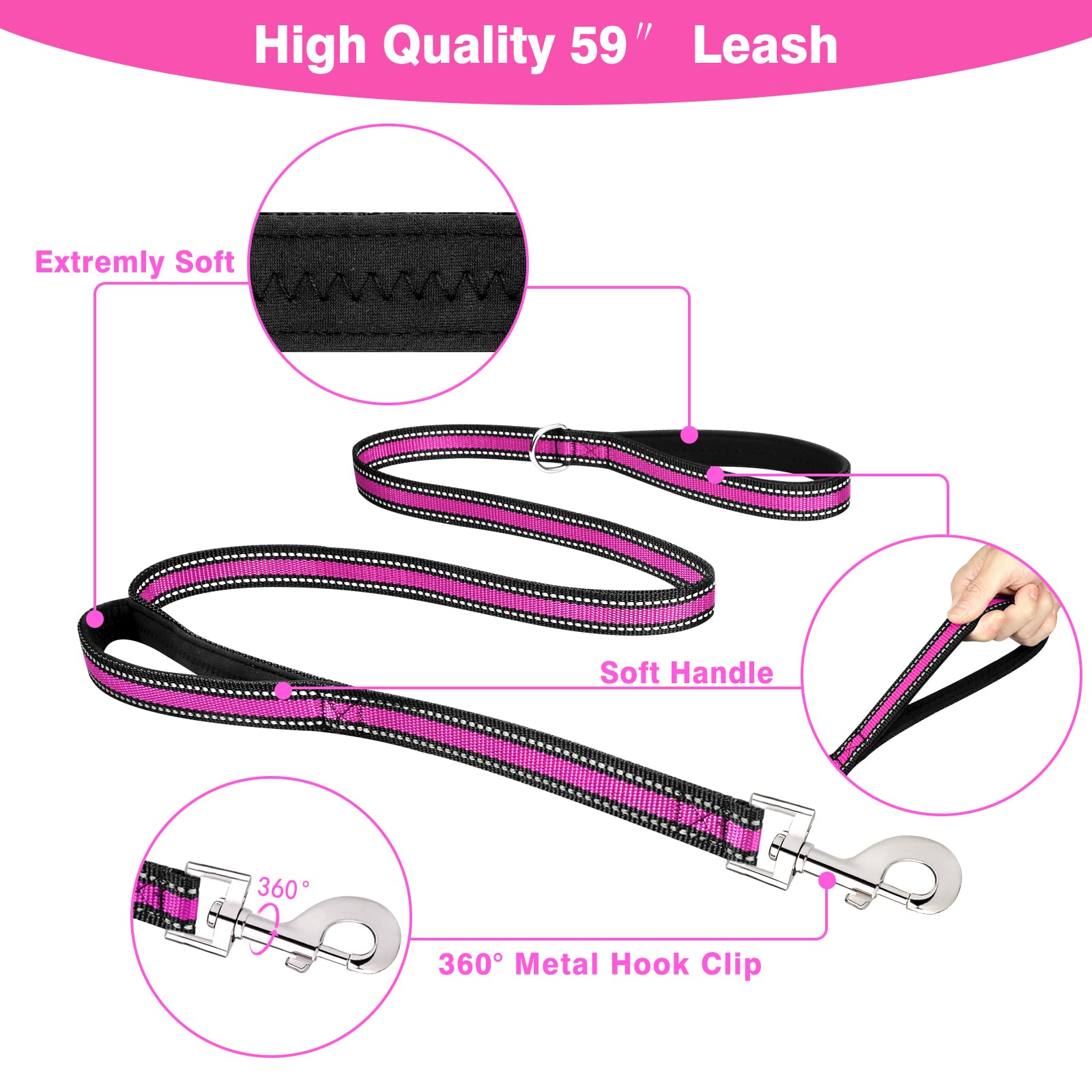 Winsee Pet Harness Collar And Leash Set, All-In-One Reflective Dog Harness No Pull With Adjustable Buckles For Puppies, Small, Medium, Large, And Extra-Large Dogs (Large, Rosy)