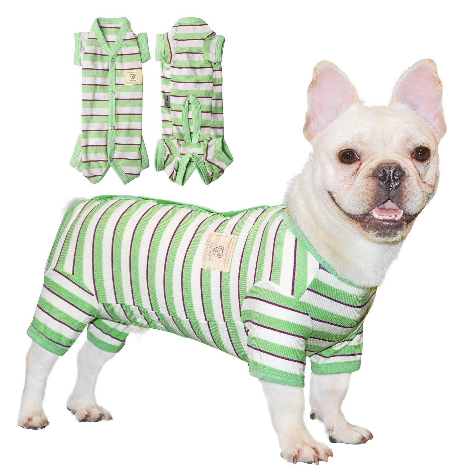 Tony Hoby Dog Pajamas, Male Dog Jumpsuit, Green Stripe Dog Clothes For Small Medium Dogs (Green&White, Boy, L)