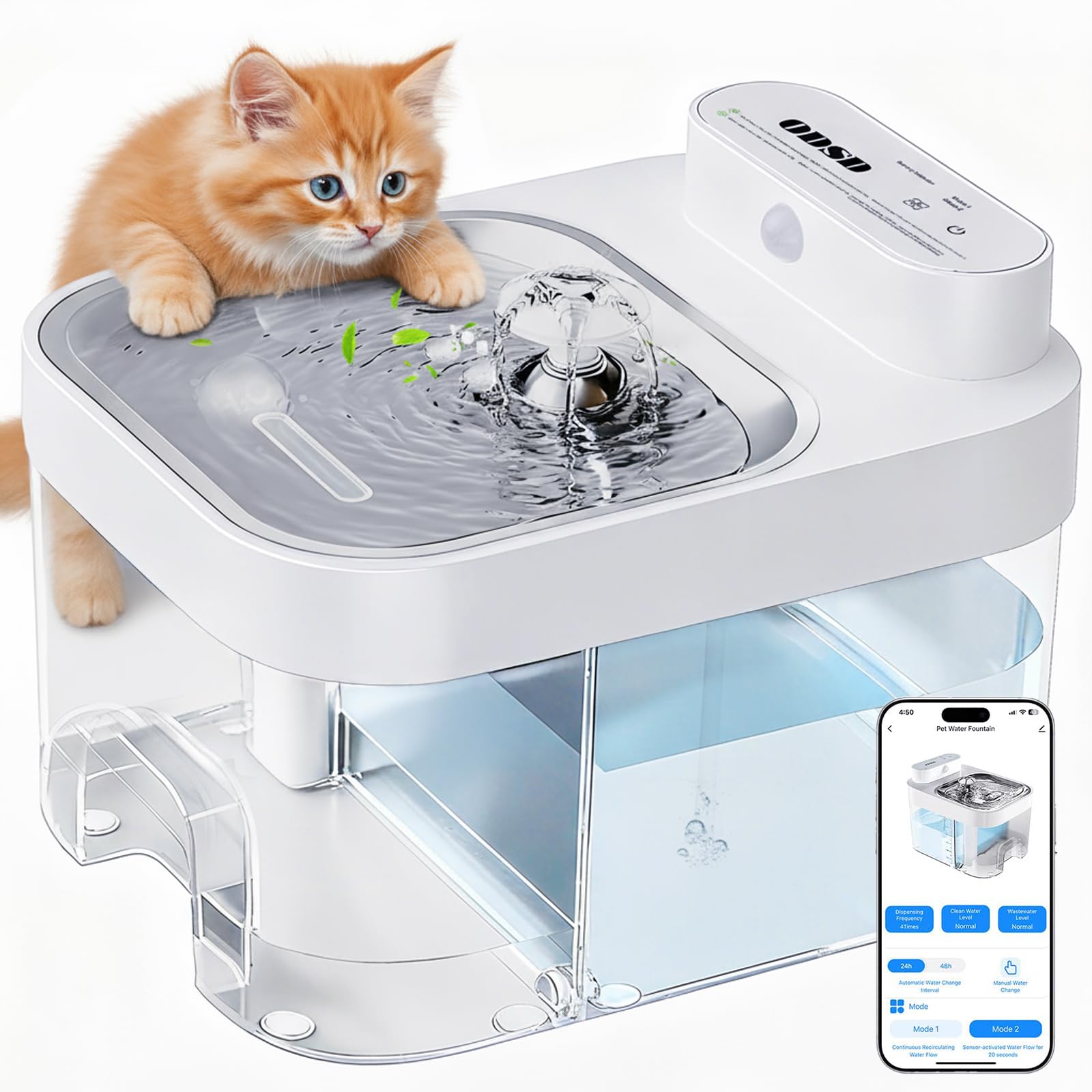 ODSD Cat Water Fountain, App Monitoring Wastewater Separation & No Filter Cotton, Pet Water Fountain with 101oz/3L Large Capacit