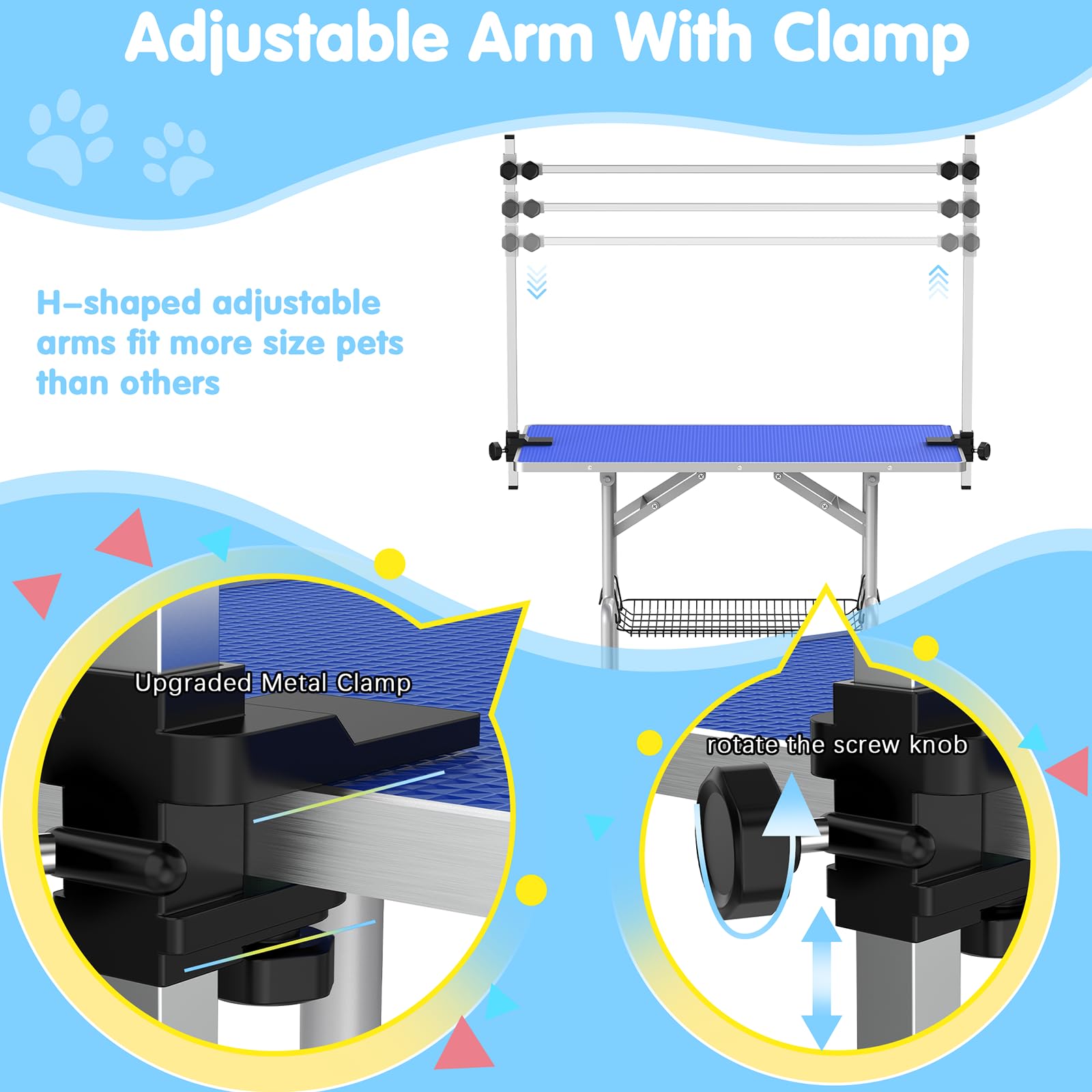 Lyromix 46Large Dog Grooming Table, Adjustable Cat Drying Desktop with Arms, Nooses, Mesh Tray, Foldable Pet Station at Home,