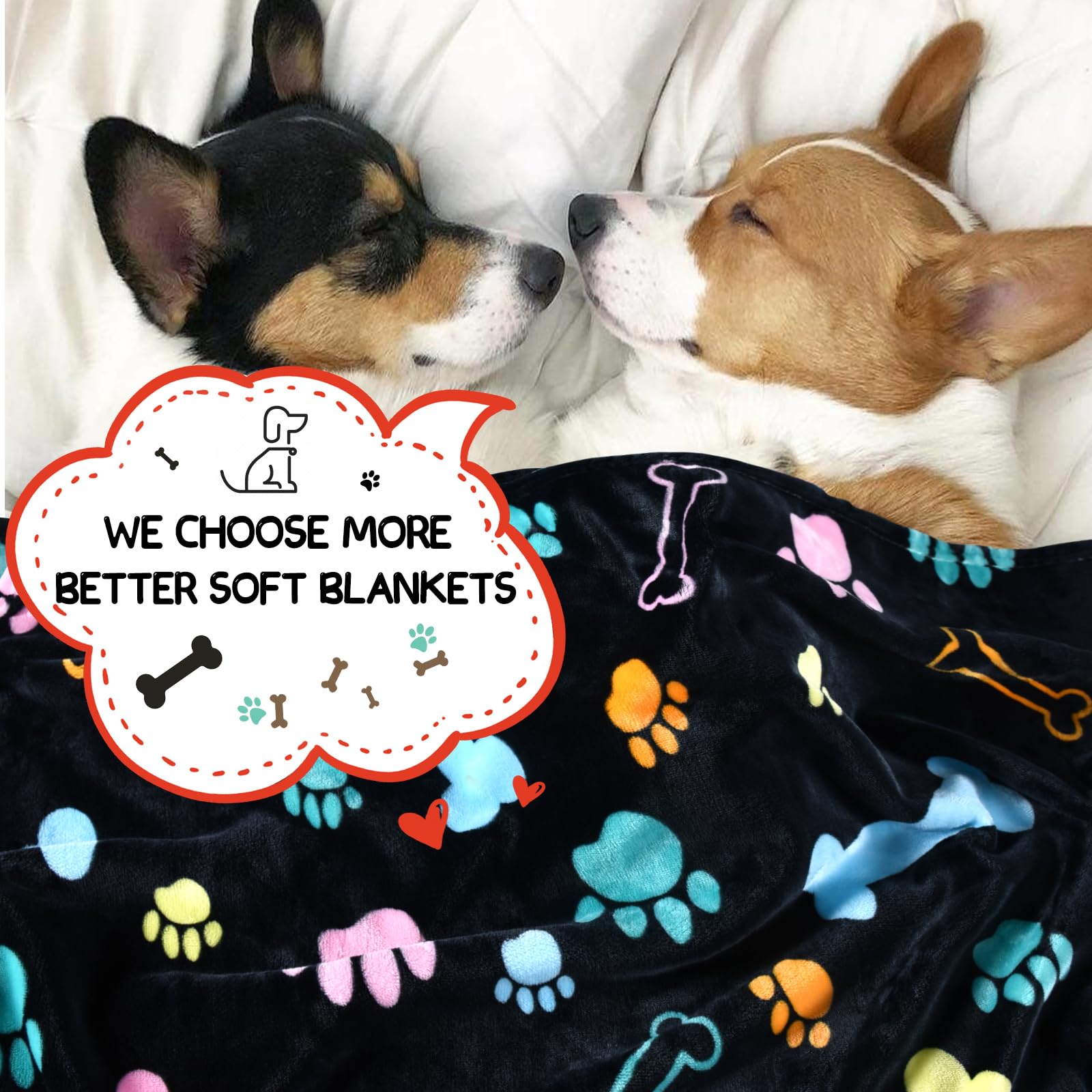 Soft Fuzzy Blankets For Dogs & Cats, 3 Pack - Large & Medium, Washable Comfort Flannel, Reversible Print, 41 X 31 Inch, Black