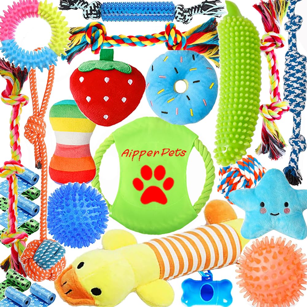 Aipper Dog Puppy Toys 25 Pack,Puppy Chew Toys For Fun And Teeth Cleaning,Dog Squeak Plush Toys, Squeaky Toy Balls, Tug Of War Toys, Puppy Teething Toys, Dog Rope Toys Pack For Puppy To Small Dogs