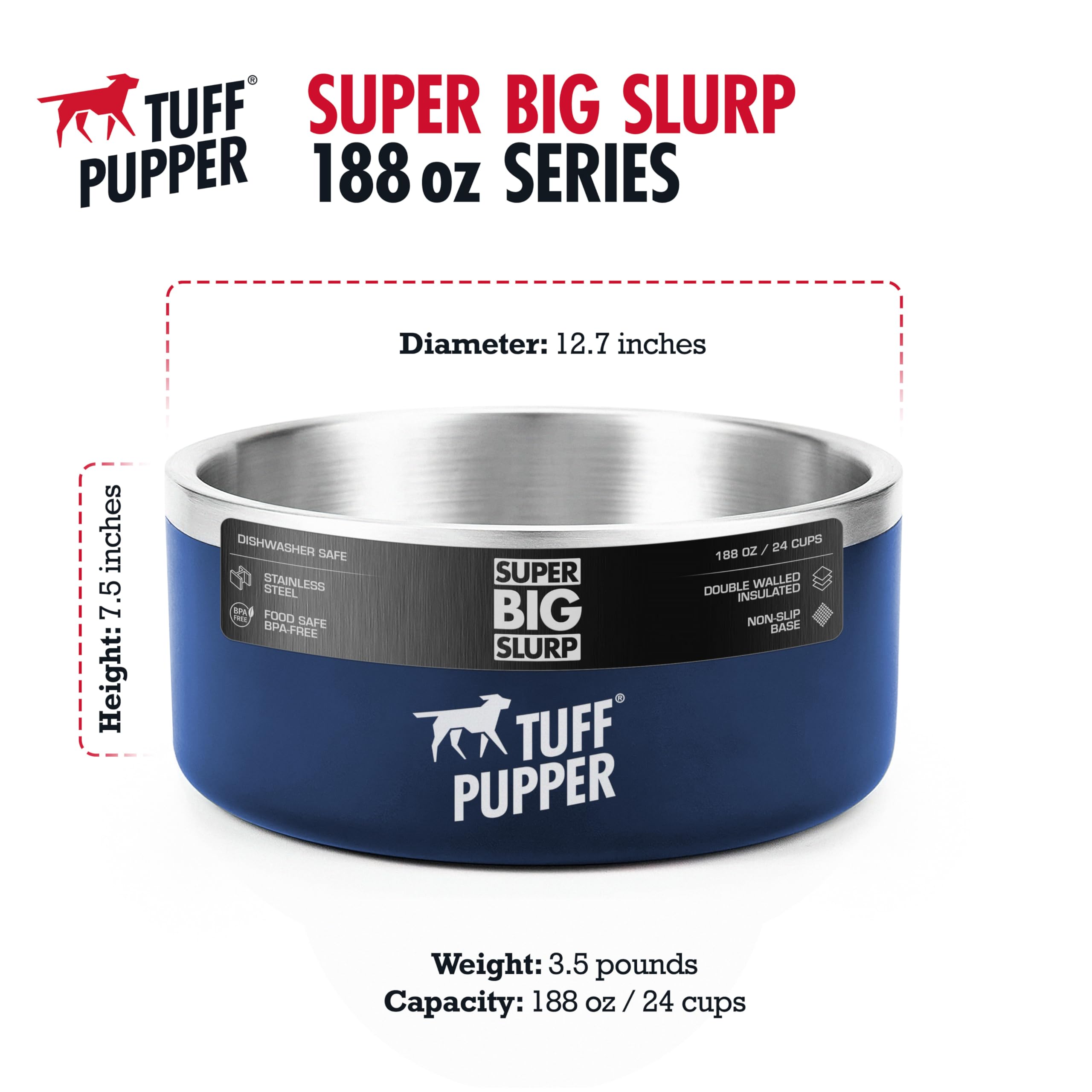 Tuff Pupper Heavy Duty Insulated Dog Bowl | Double Wall Stainless Steel Dog Food Dish | Non-Slip Spill Proof Dishwasher Safe Cat