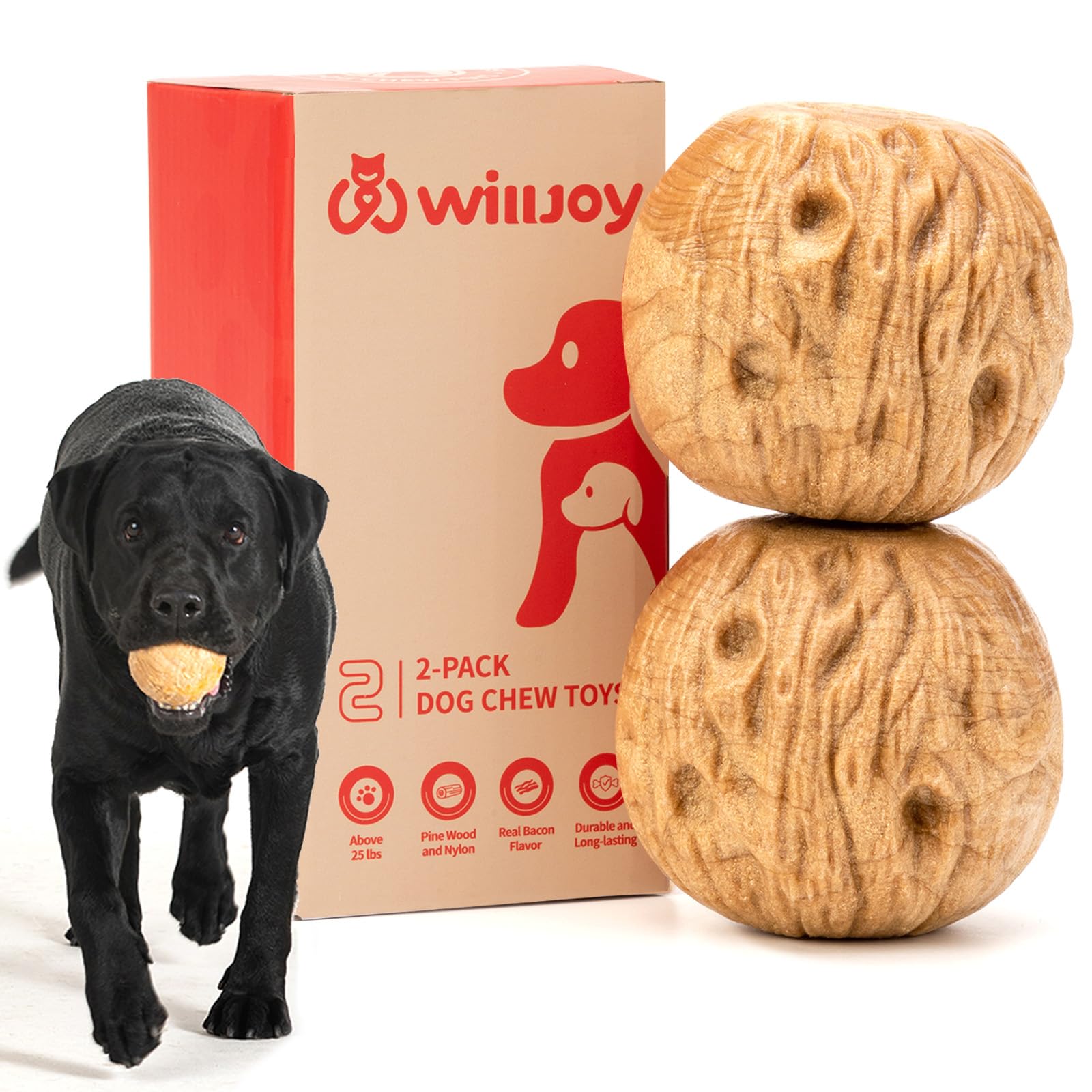 Willjoy 2-Pack Dog Chew Toys For Aggressive Chewers, Tough Dog Toys For Aggressive Chewers, Pine Wood And Nylon Dog Toys For Lar