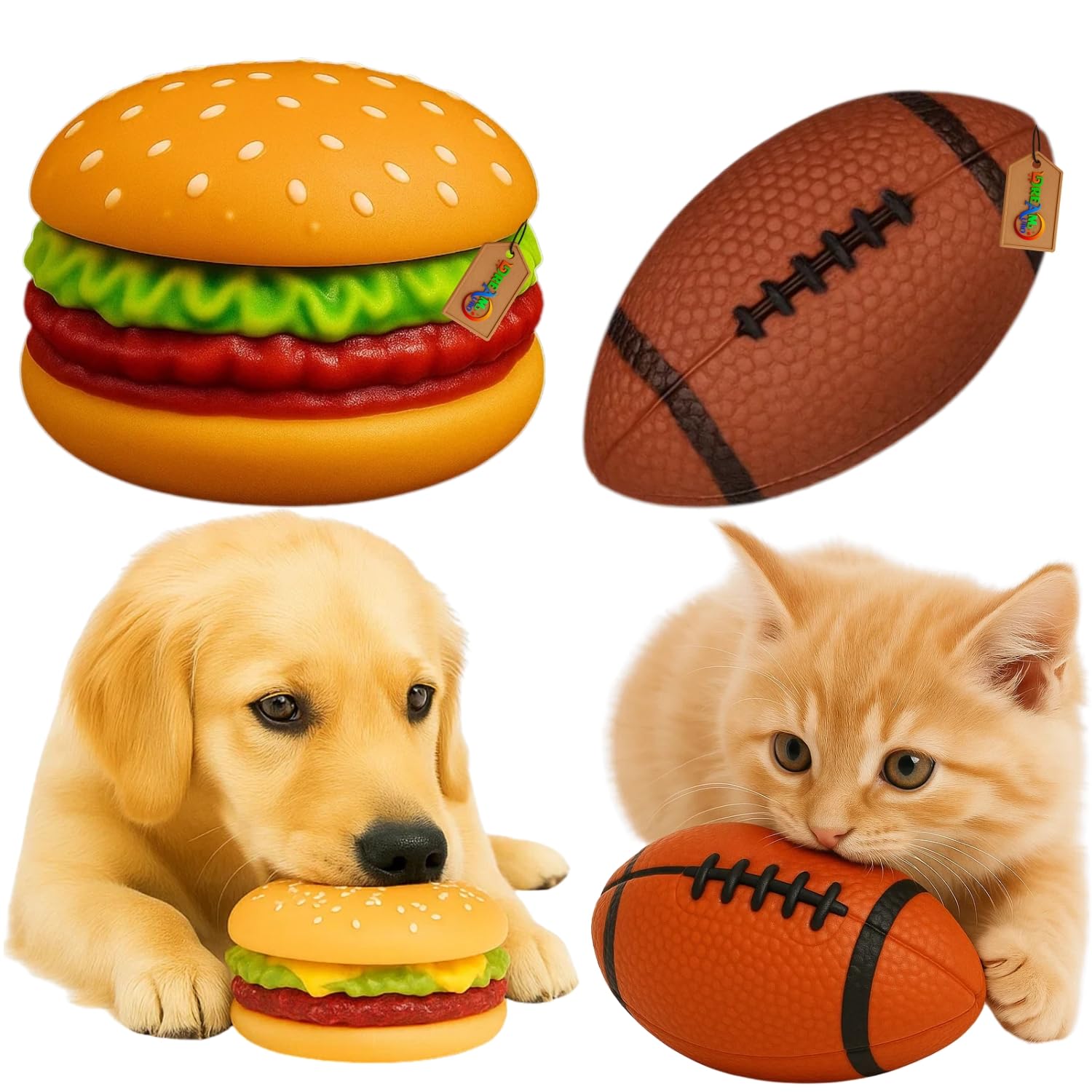 DreamAuro Brown Rugby Ball & Burger Squeaky Toy Combo for Dogs & Cats | Soft Chewable Rubber with Builtin Squeaker | Fun Cartoo