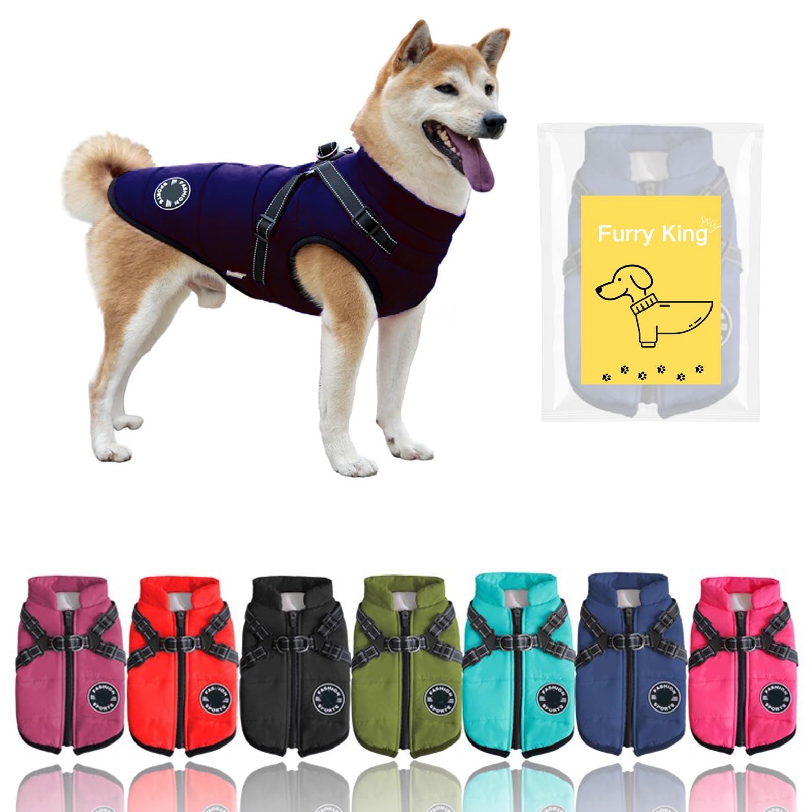 Furry King Dog Winter Coat With Harness, 7 Colors, Waterproof, Fleece Lined. (Blue, Small)