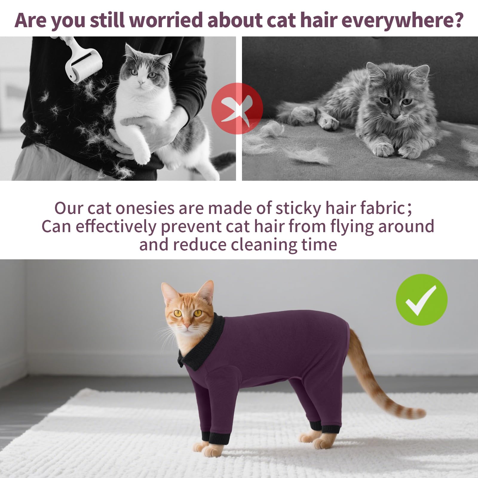 T'Chaque Sticky Hair Cat Clothes, Professional Recovery Suit For Cats, Anti-Shedding Shirt Outfit, Soft Pajamas For Kittens, Pos