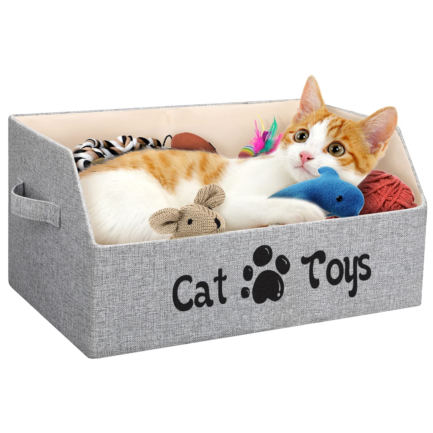 LOVSTORAGE Large Cat Toy Box Cat Toy Storage Basket 2X Thicker Foldable Sturdy Pet Toy Storage Bin Bed for Organizing Pet Toys T