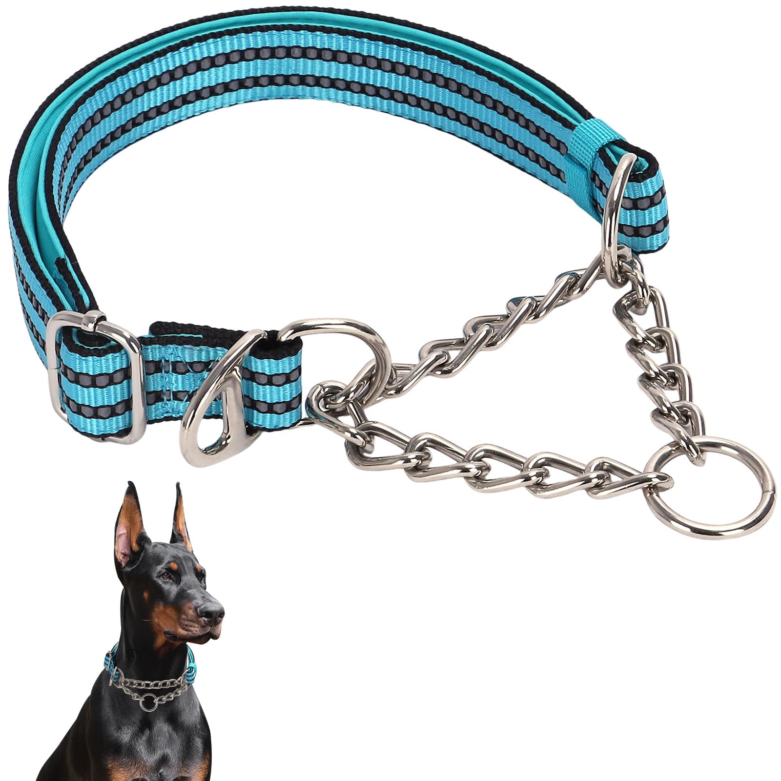 Reflective Martingale Collar For Dogs With Steel Chain, Adjustable No Pull Dog Training Collar With Soft Padded For Large Breed 