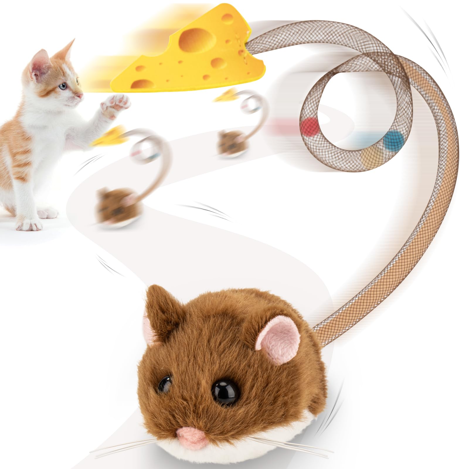 Migipaws Interactive MigiMouse Cat Toy 360 Rolling & Spin with Wiggling Tail for Indoor Cats Smart Motion Sensor, Realistic Sque