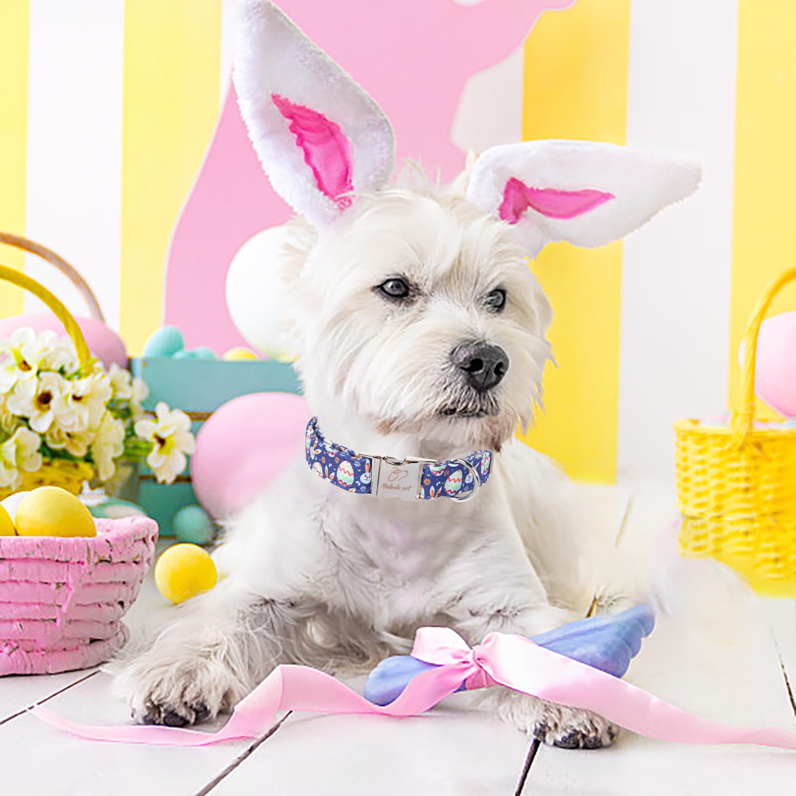 Babole Pet Easter Dog Collar, Cute Easter Bunny Eggs Pet Collar With Metal Buckel, Durable Adjustable Holiday Dog Collars For Sm