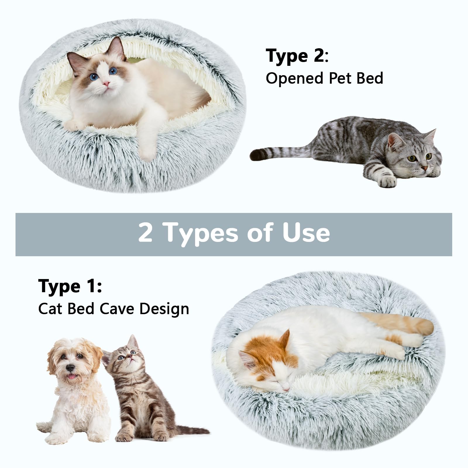Arquiel Round Plush Hooded Cat Bed, Fluffy Cozy Anti-Anxiety Dog Cave Beds For Puppy And Kitten, Gifts For Pet Lovers(24  24 Inc
