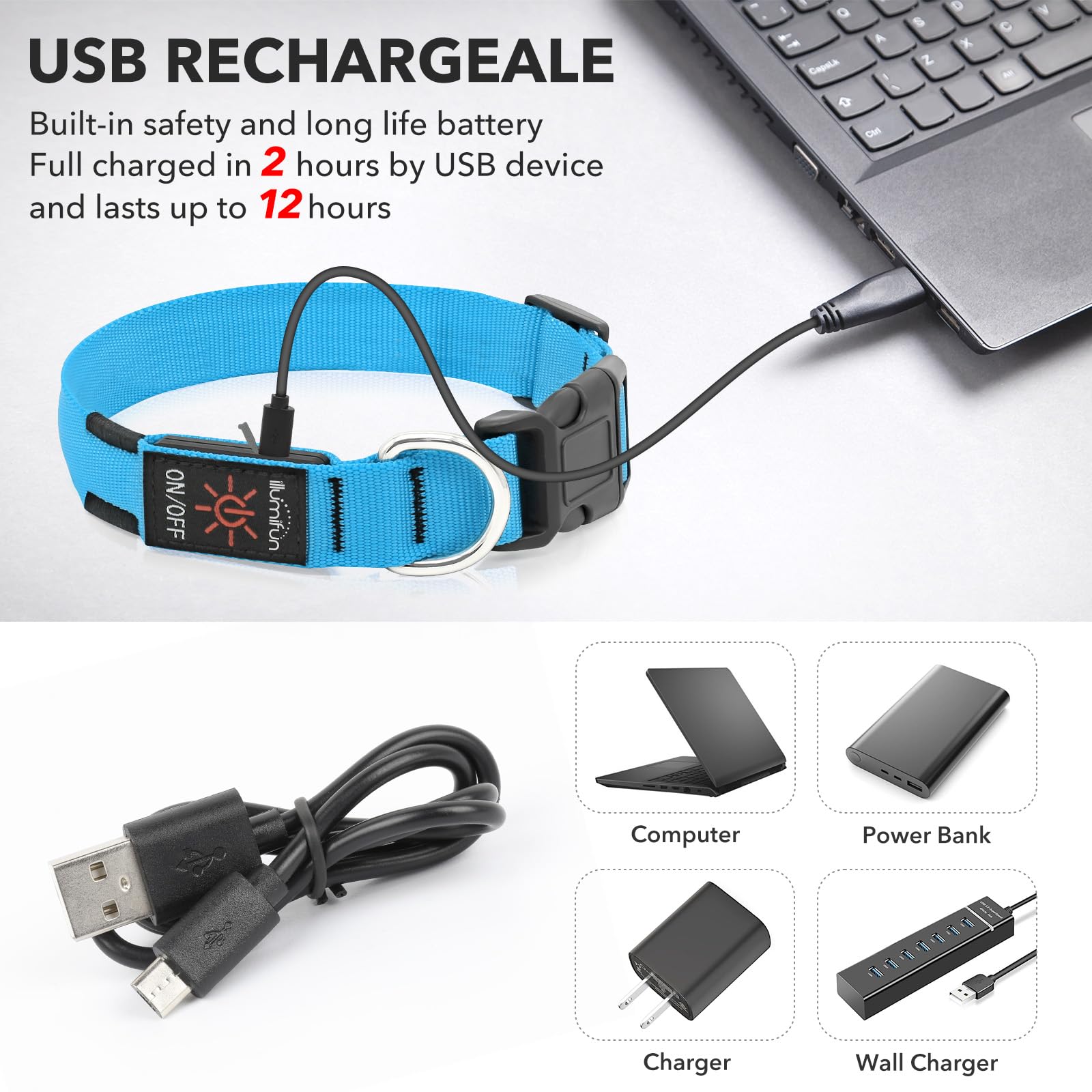 Illumifun Led Dog Collar, Usb Rechargeable Light Up Collar Glow In The Dark, Adjustable Safety Pet Light For Your Pups Walking A