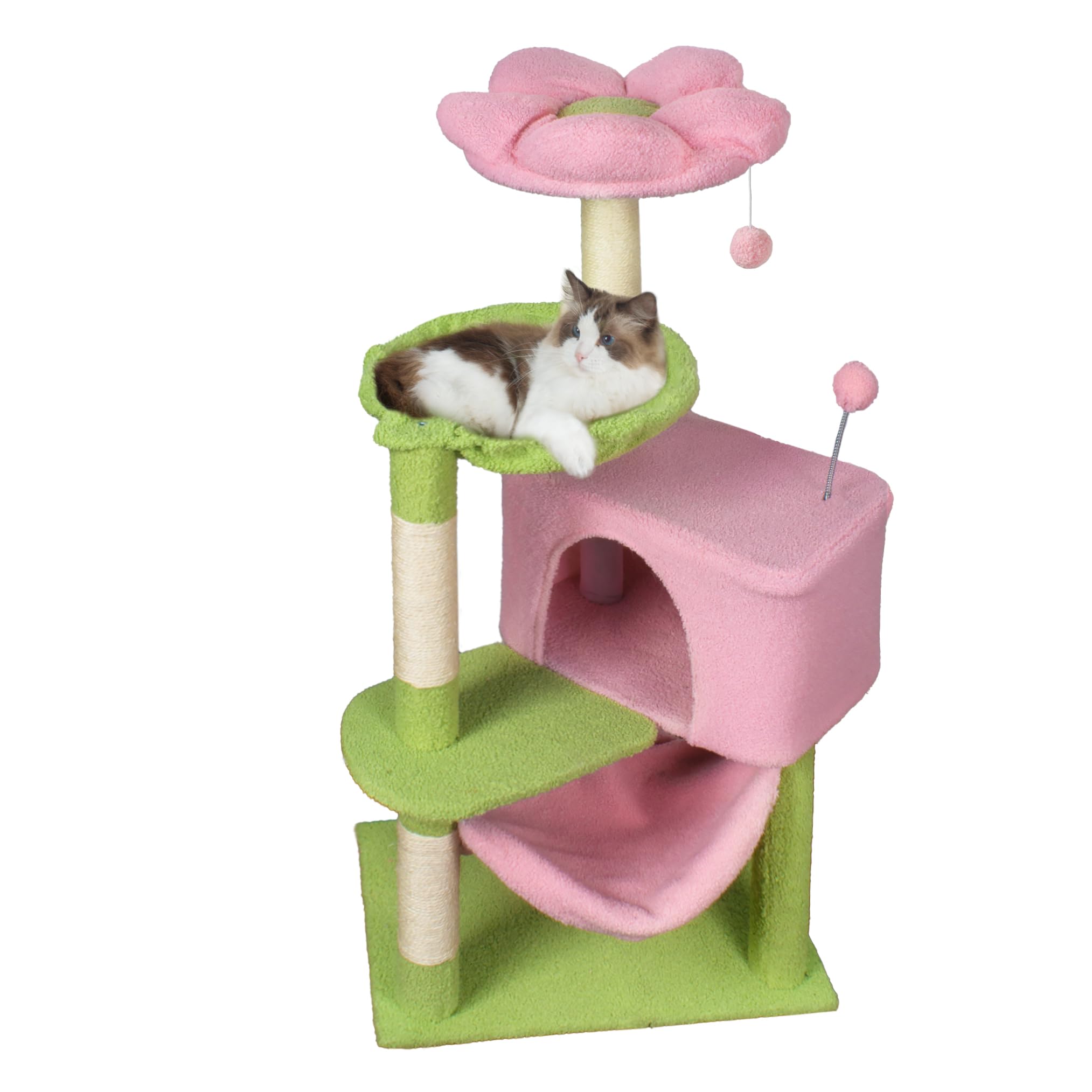 Fantasreen Cat Tree 43'' Cute Cat Tower Flower Cat Trees For Indoor Cat Condo With Hanging Toys Pink Large Top Perch For Kittens