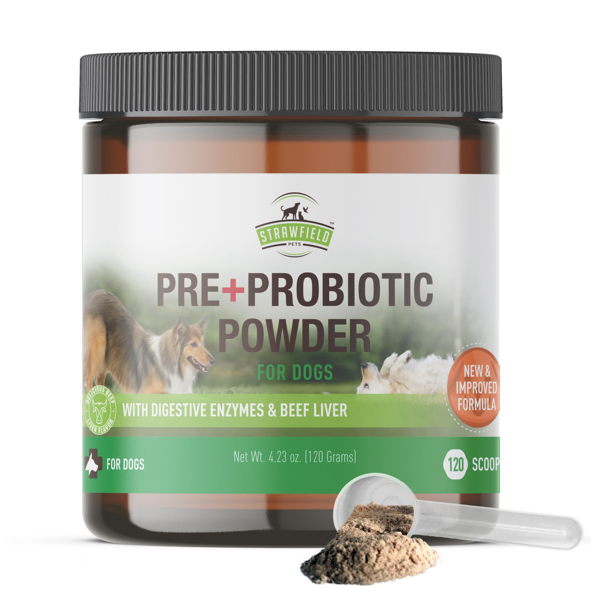Strawfield Pets Pre + Probiotic Powder for Dogs with Digestive Enzymes Dog Probiotics for Yeast, Itchy Skin and Itchy Ears Natur