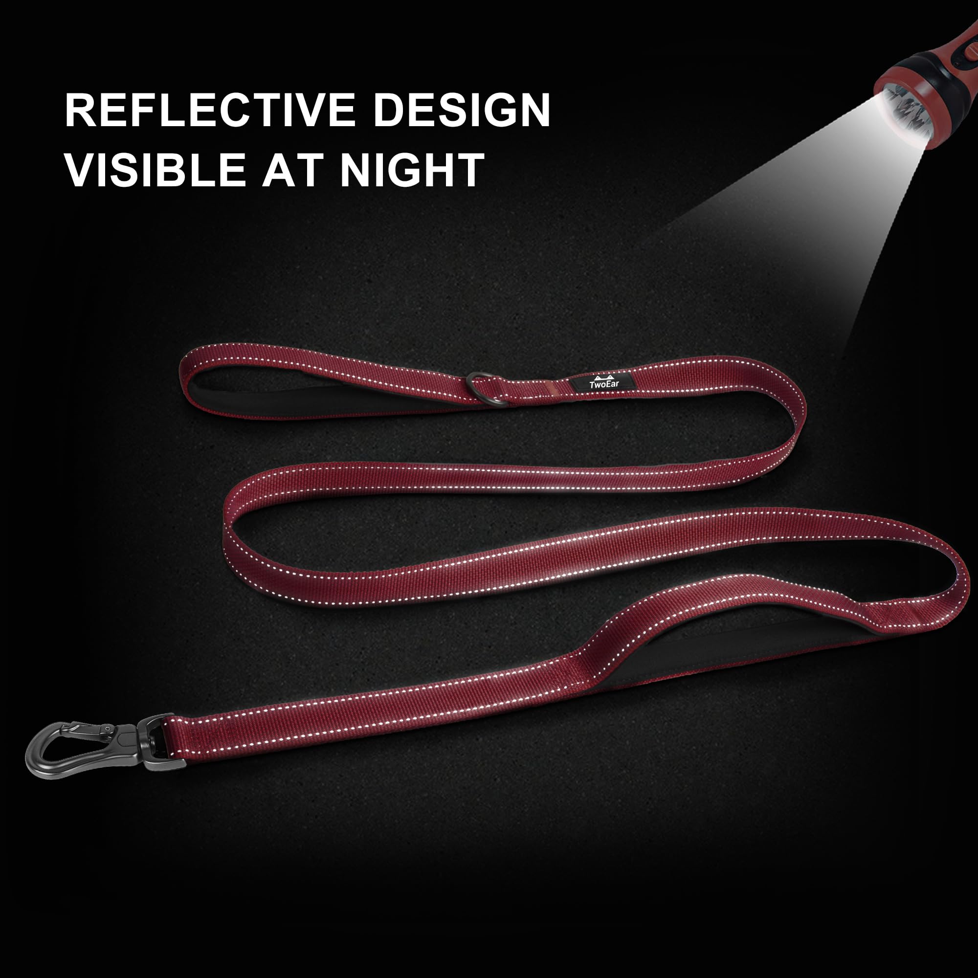 TwoEar Red Dog Leash - 4FT 1IN Nylon with 2 Padded Handles & Traffic Control for Small, Medium & Large Dogs