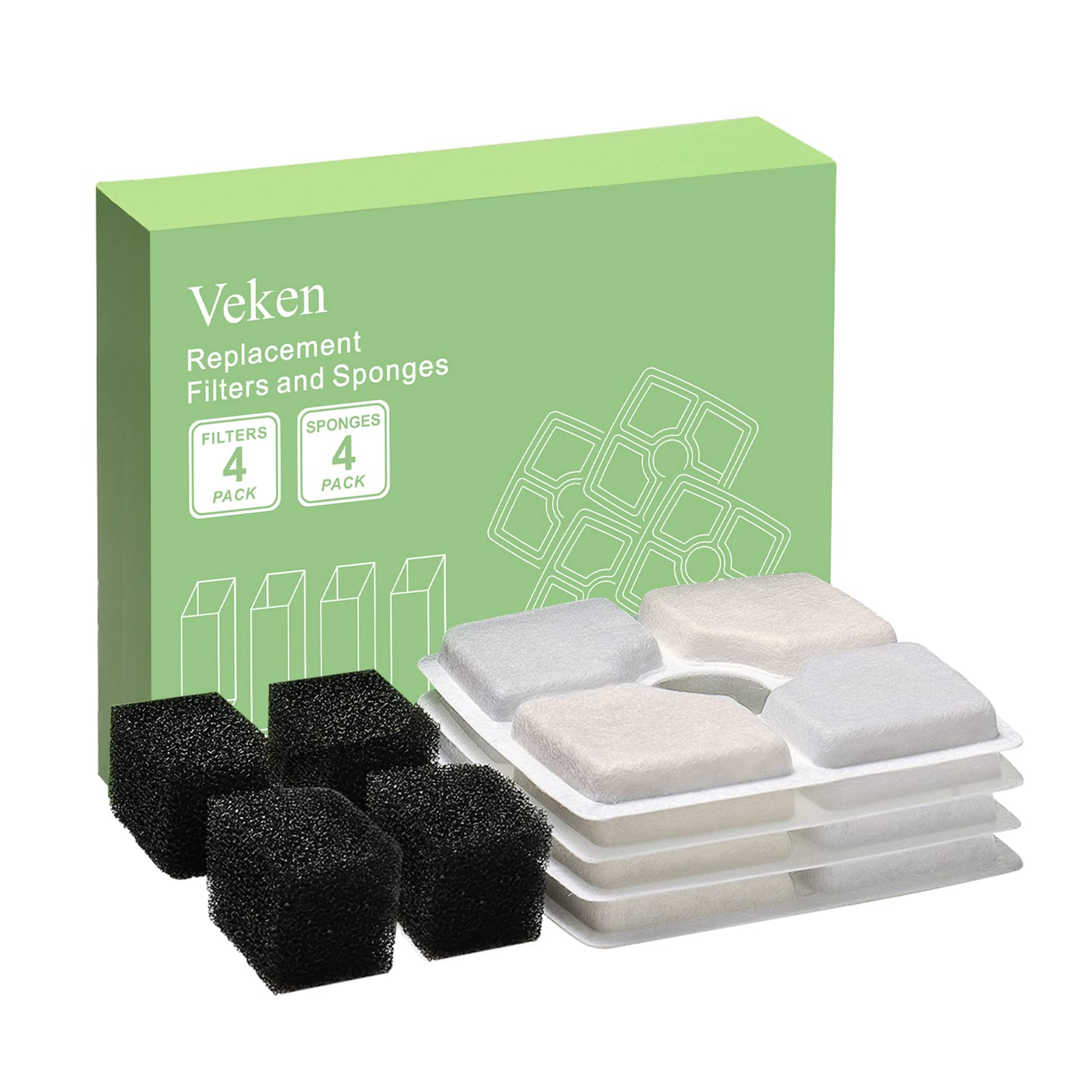 Veken 4 Pack Replacement Filters & 4 Pack Replacement Pre-Filter Sponges For Automatic Pet Fountain Cat Water Fountain Dog Water Dispenser