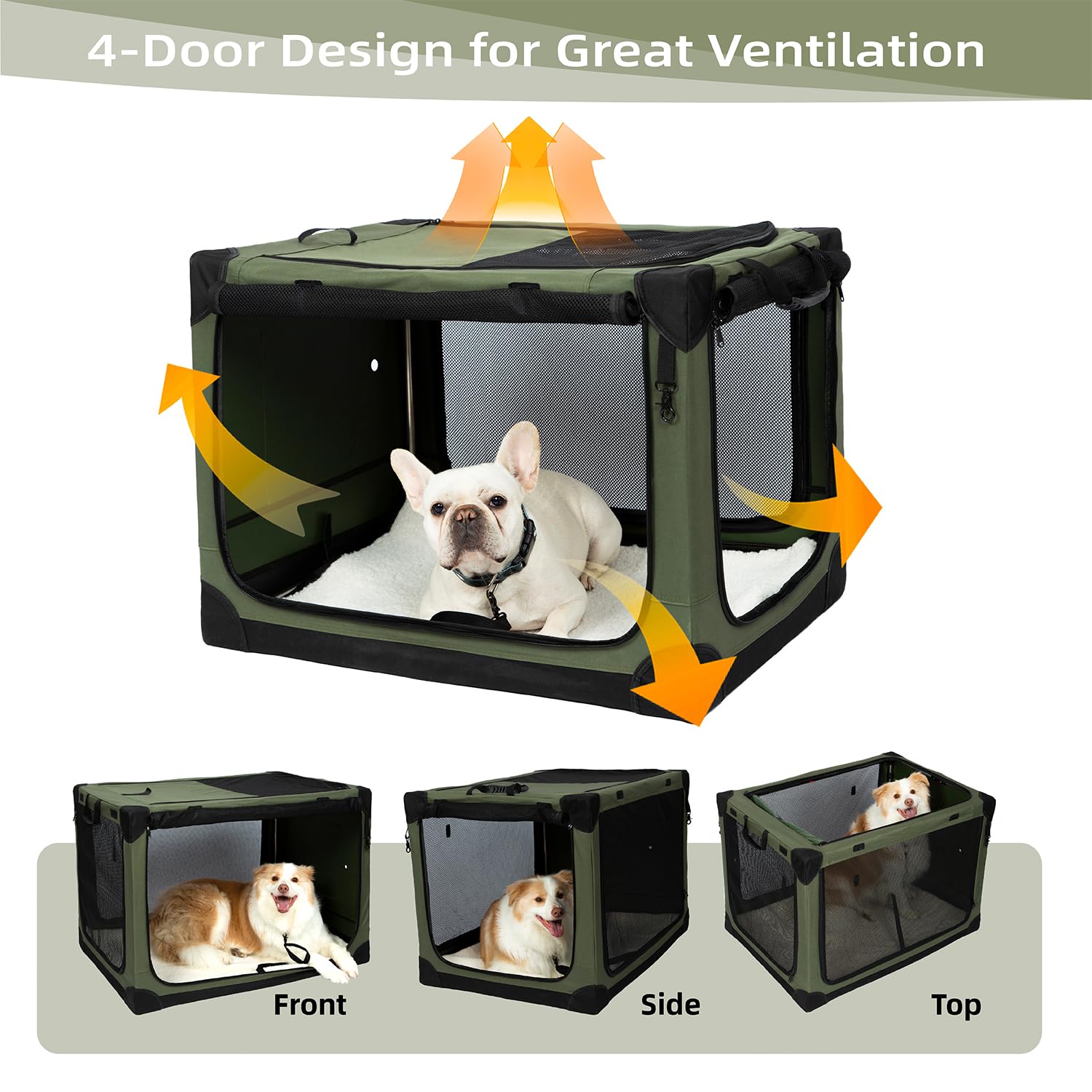 Pettycare 42 Inch Stainless Steel Collapsible Dog Crates For Large Dogs, 4-Door Soft Sided Dog Kennel For Travel, Portable Foldable Pet Crate With Durable Mesh Windows, Indoor & Outdoor, Olive Green
